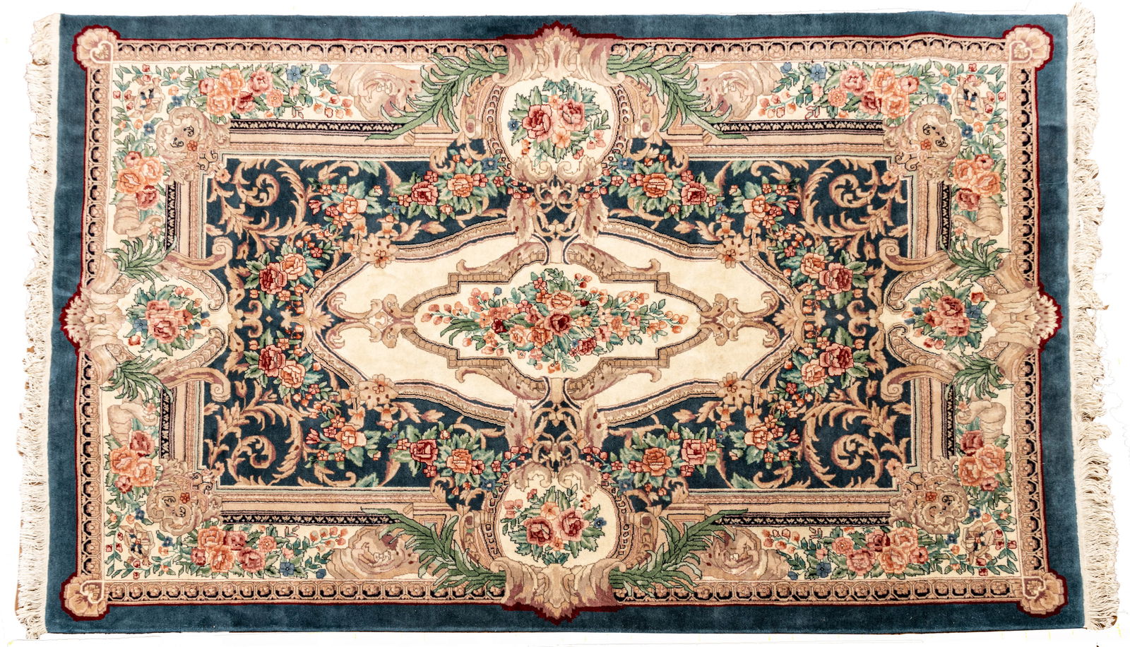 Sino-Persian Aubusson Design Handwoven Wool Rug, Ca. 1980, W 6' L 8' 10": Sino-Persian Aubusson Design Handwoven Wool Rug, Ca. 1980, W 6' L 8' 10" Royal blue field with roses on trellis design. Ivory central medallion. Provenance: Property from the collection of Marg