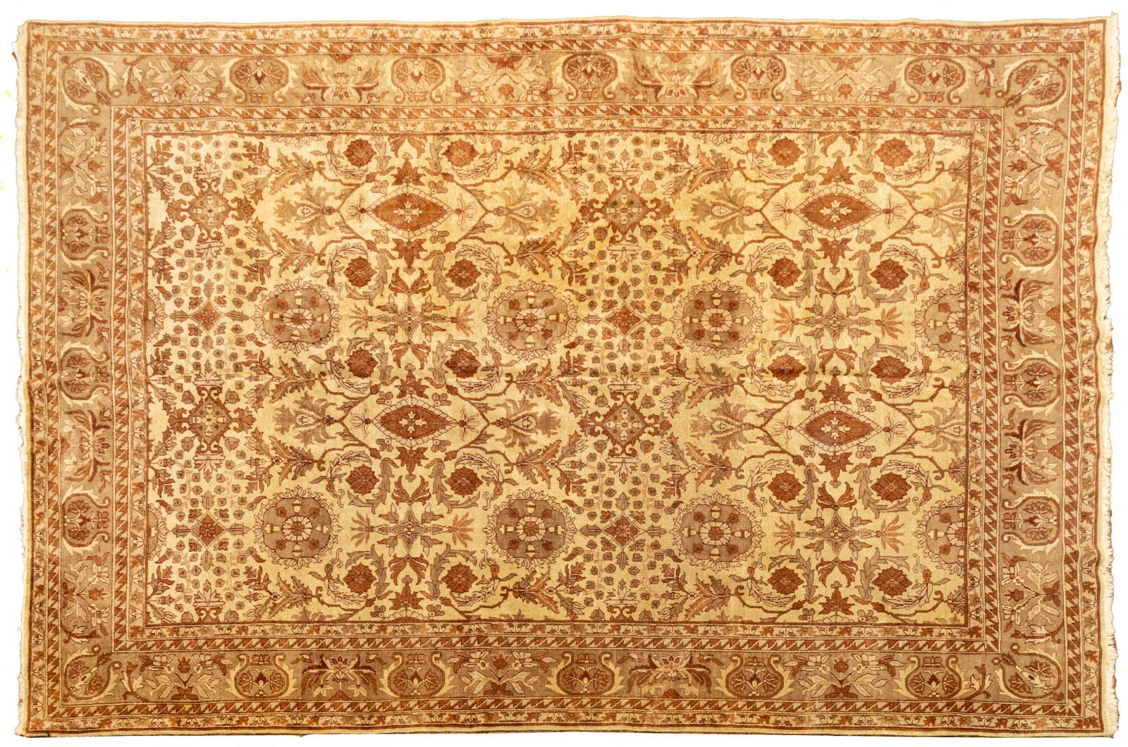 Indian Peshawar Handwoven Wool Rug, 1960-1980, W 8' 1" L 11' 1": Indian Peshawar Handwoven Wool Rug, 1960-1980, W 8' 1" L 11' 1" Cream color ground with bold floral design in tones of orange, rust and green. Provenance: Property from the collection of Margar