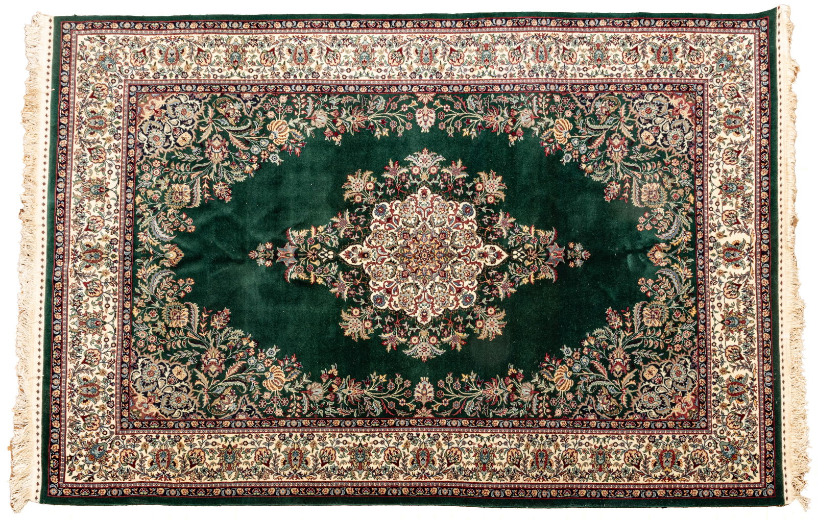 Kerman Design, Egyptian Cotton and New Zealand Wool, Handwoven Rug, Ca. 1980, W 6' L 8' 6": Kerman Design, Egyptian Cotton and New Zealand Wool, Handwoven Rug, Ca. 1980, W 6' L 8' 6" Emrald field with bold floral central medallion and borders. Provenance: Property from the collection