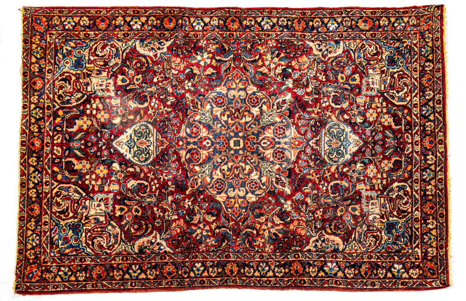 Persian Painted Sarouk Handwoven Wool Rug, Ca. 1930, W 3' 4" L 4' 10": Persian Painted Sarouk Handwoven Wool Rug, Ca. 1930, W 3' 4" L 4' 10" Keshan design with Sarouk weaving. Having a a red field with overall dense floral spray designs. Provenance: Property from