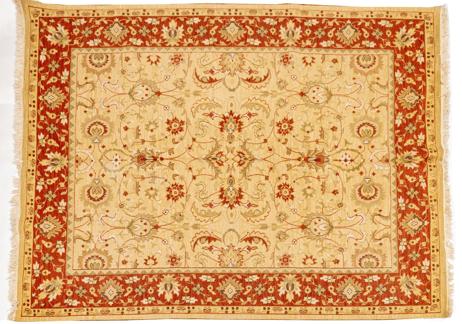 Indo-Oushak Design Handwoven Wool Rug, Ca. 1990, W 8' L 10' 1": Indo-Oushak Design Handwoven Wool Rug, Ca. 1990, W 8' L 10' 1" Flatwoven wool with a beige field and rust outer border. Overall scrolling vine and floral patterns. Provenance: Property from the