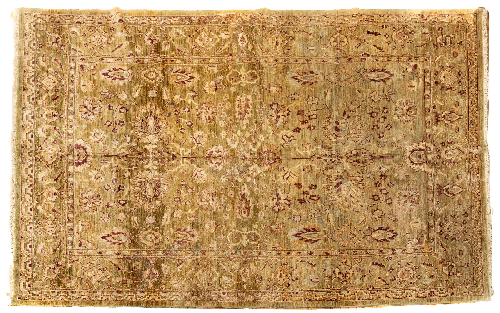 Oushak Design Handwoven Wool Rug, Ca. 1960-1980, W 8' L 11' 3": Oushak Design Handwoven Wool Rug, Ca. 1960-1980, W 8' L 11' 3" Olive field with Cyprus tree and floral designs. Beige and maroon accents. Provenance: Property from the collection of Margarat We