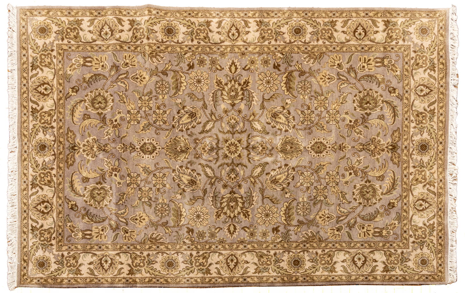 Indo-Kashan Handwoven Wool Rug, Ca. 1990, W 6' L 9': Indo-Kashan Handwoven Wool Rug, Ca. 1990, W 6' L 9' Argent grey field with intricate blossoming flower and leaf design in beige and green. Provenance: Property from the collection of Margarat Weerako