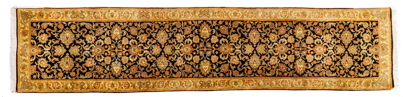 Indo-Mahal Handwoven Wool Rug, Ca. 1980, W 2' 8" L 12' 4": Indo-Mahal Handwoven Wool Rug, Ca. 1980, W 2' 8" L 12' 4" Dark indigo field with bold vine and blossoming flower pattern. Provenance: Property from the collection of Margarat Weerakoon, Oak Par