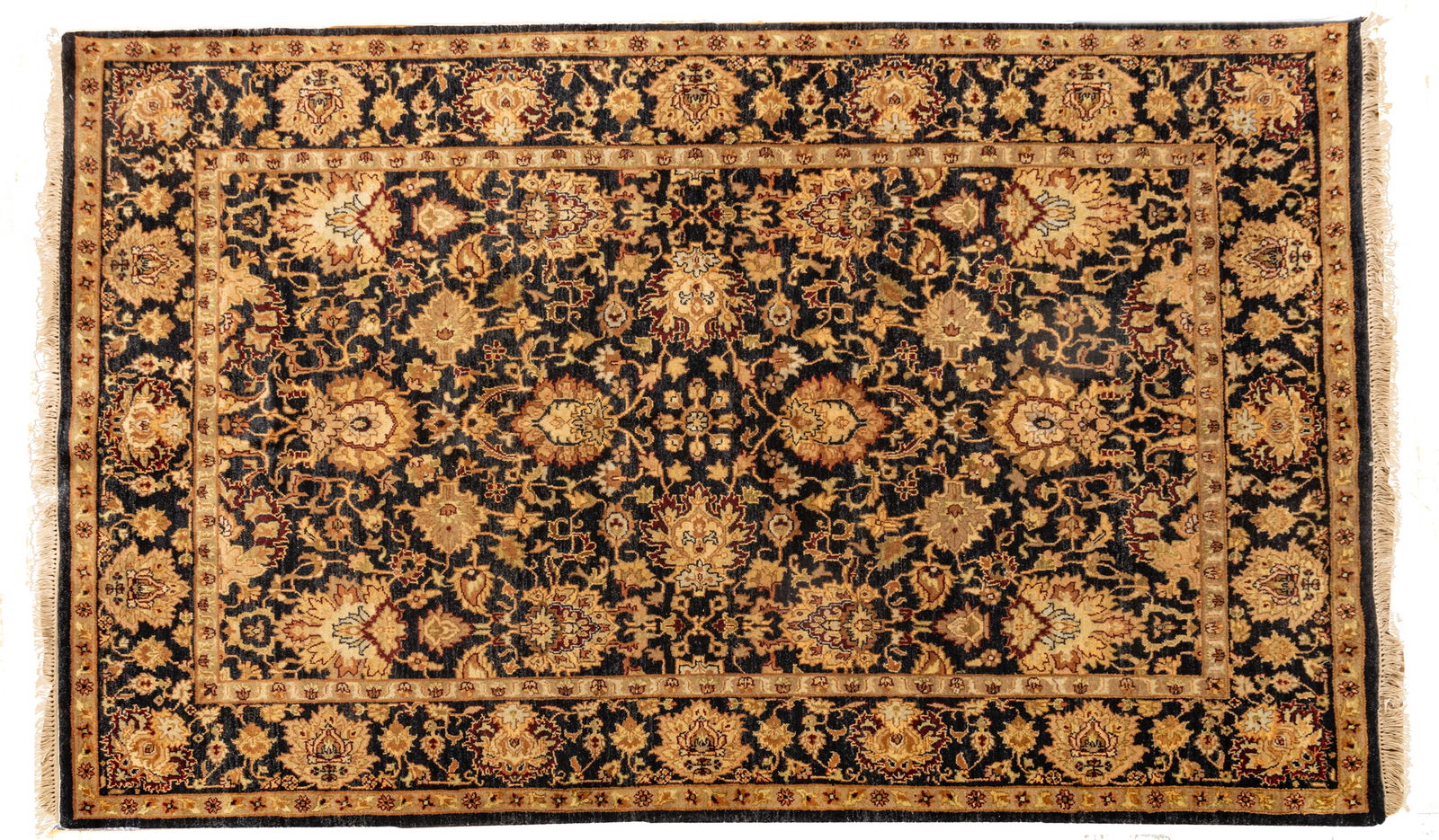 Indo-Tabriz Handwoven Wool Rug, Ca. 1980, W 6' L 9': Indo-Tabriz Handwoven Wool Rug, Ca. 1980, W 6' L 9' Black field with overall bold floral patterns. Provenance: Property from the collection of Margarat Weerakoon, Oak Park, MI Dimensions: W 6'