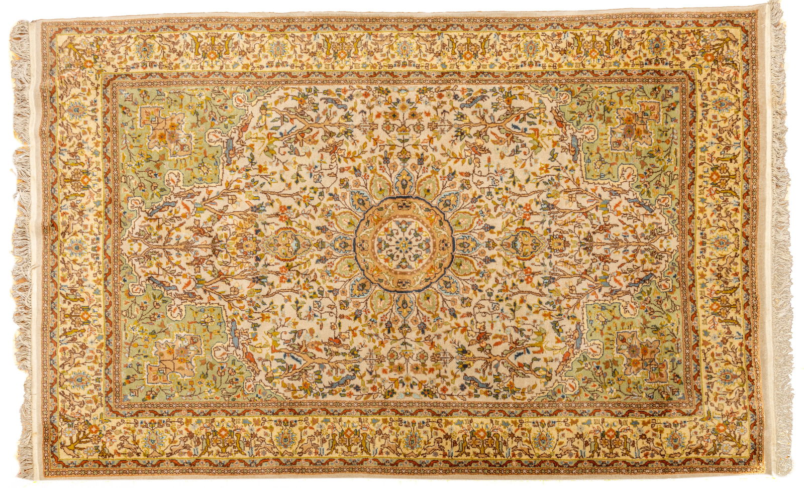 Indian Royal Jahan Pattern Handwoven Wool Rug, Ca. 1990, W 5' 11" L 9': Indian Royal Jahan Pattern Handwoven Wool Rug, Ca. 1990, W 5' 11" L 9' Ivory central field bracketed in light green. Overall scrolling vine and floral designs with leaping stags and exotic birds. Prov