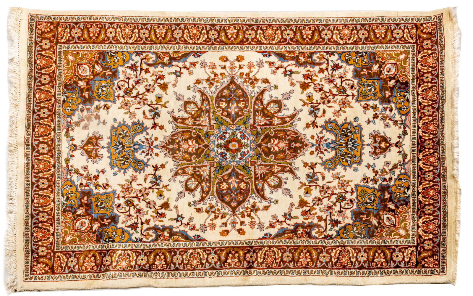 Indo-Tabriz Handwoven Wool Rug, Ca. 1980-1990, W 4' L 6': Indo-Tabriz Handwoven Wool Rug, Ca. 1980-1990, W 4' L 6' Ivory field with central medallion in charcoal grey, rust, and olive green. Provenance: Property from the collection of Margarat Weerakoon, Oa