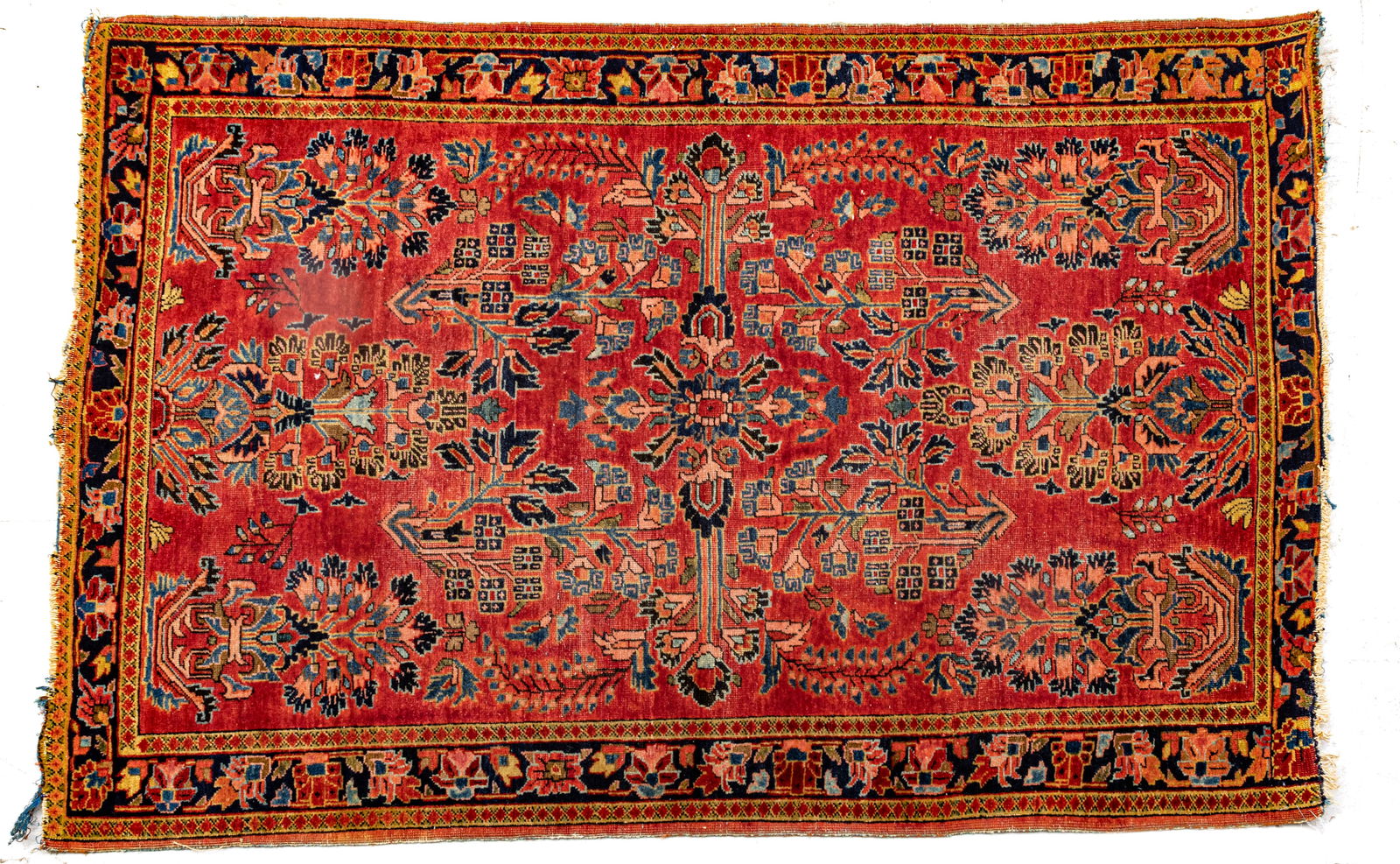 Persian Mahajiran Sarouk Handwoven Wool Rug, Ca. 1920, H 5' W 3' 5": Persian Mahajiran Sarouk Handwoven Wool Rug, Ca. 1920, H 5' W 3' 5" Light red ground with intricately woven floral tree design around a geometric center medallion. Provenance: Property from the colle