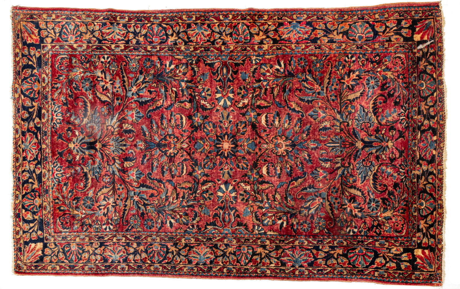 Persian Mahajeron Sarouk Handwoven Wool Rug, Ca. 1920, W 4' 3" L 6' 2": Persian Mahajeron Sarouk Handwoven Wool Rug, Ca. 1920, W 4' 3" L 6' 2" Red painted central field with dense scrolling floral designs. Provenance: Property from the collection of Margarat Weerak