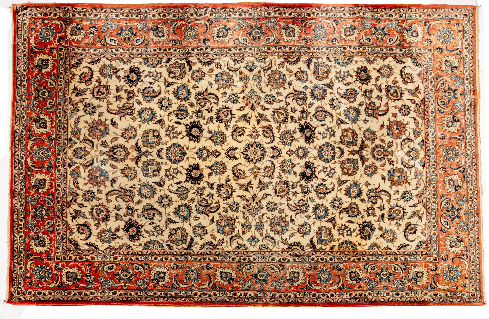Persian Isfahan Handwoven Wool Rug, Ca. 1950, W 7' 2" L 10' 4": Persian Isfahan Handwoven Wool Rug, Ca. 1950, W 7' 2" L 10' 4" Ivory field with bold flower blossom and leafy design adorning field and border. Provenance: Property from the collection of Marga
