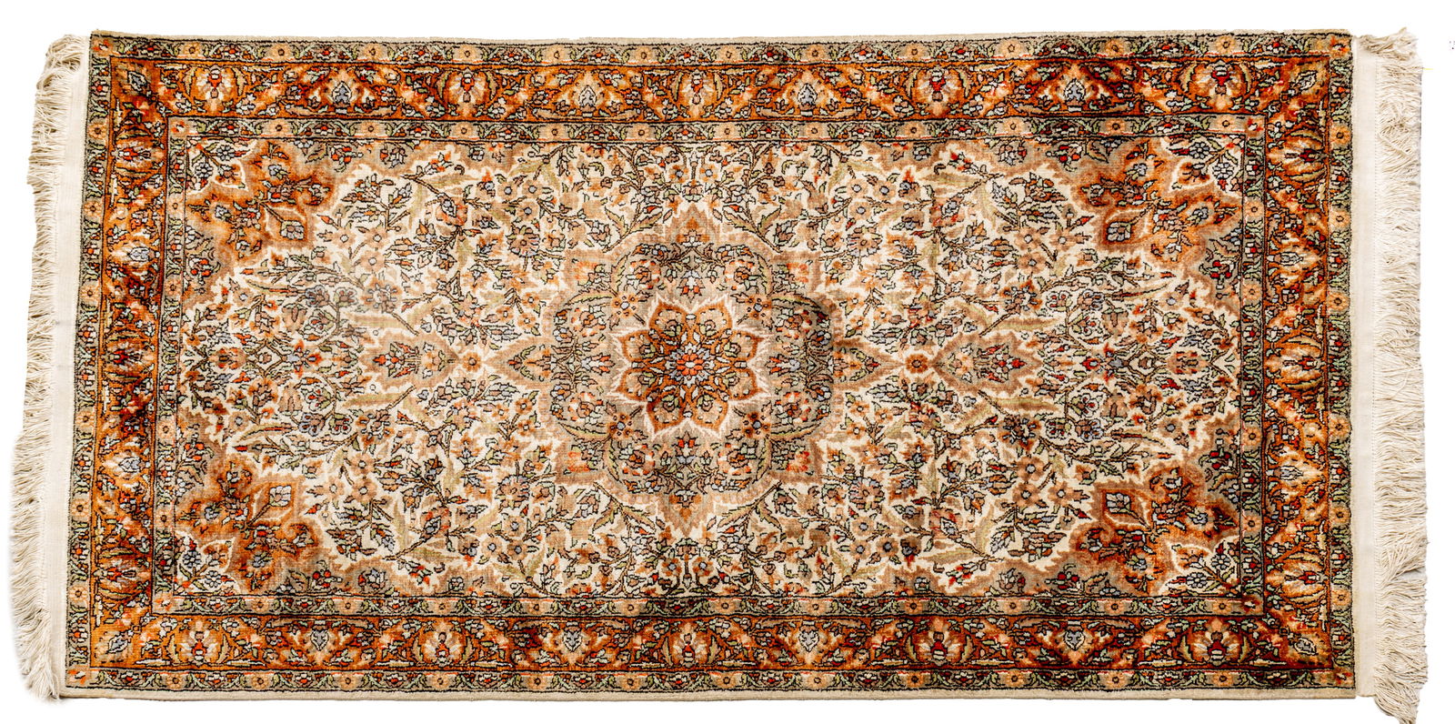 Indo-Persian Tabriz Style Wool and Silk Blend Handwoven Rug, Ca. 1990-2000, W 2' 11" L 5' 8": Indo-Persian Tabriz Style Wool and Silk Blend Handwoven Rug, Ca. 1990-2000, W 2' 11" L 5' 8" Ivory field with overall dense floral designs in salmon, beige and steel grey. Provenance: Property