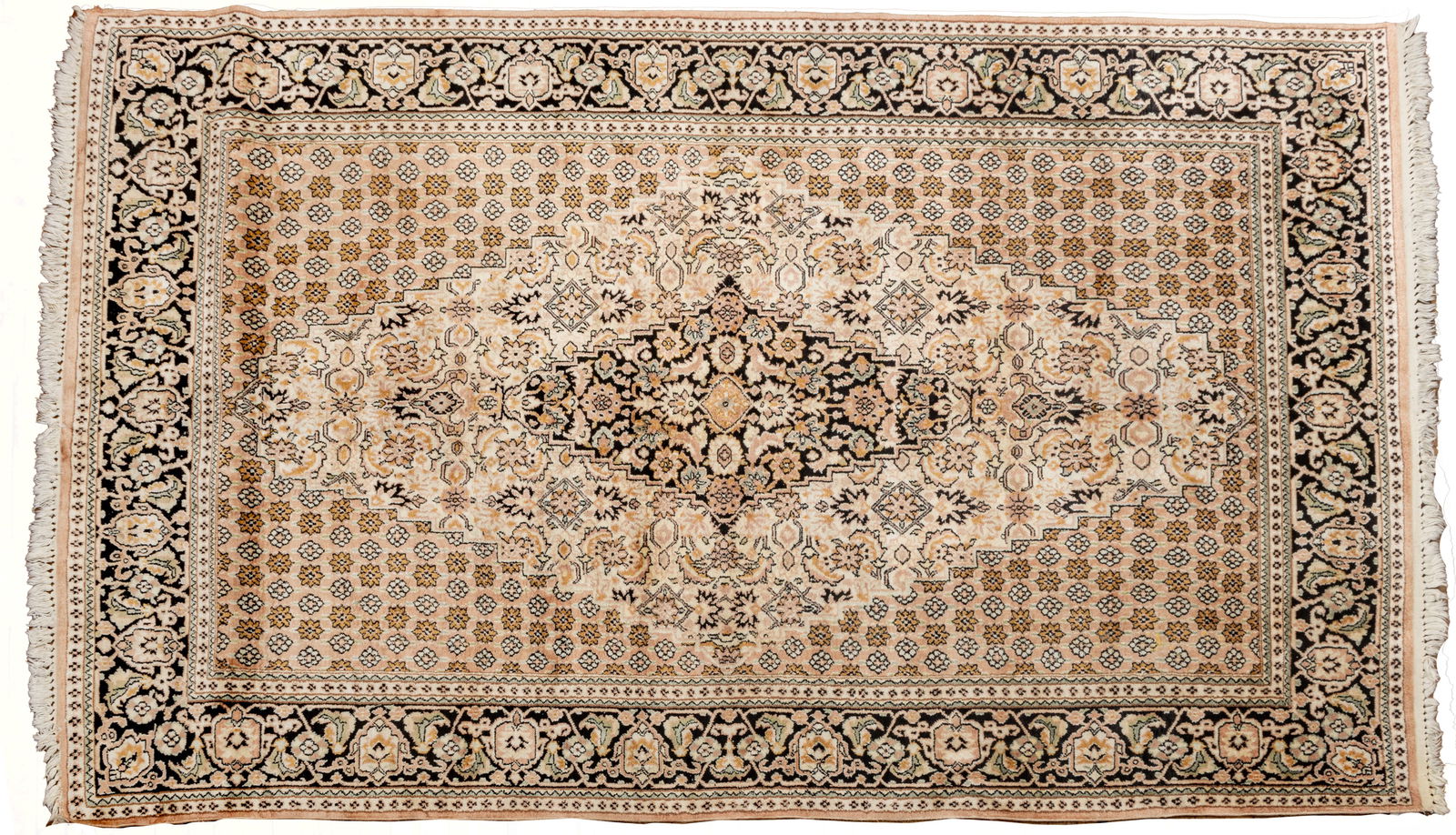 Indo-Tabriz Wool and Cotton Blend Handwoven Rug, Ca. 1980, W 5' 6" L 9' 1": Indo-Tabriz Wool and Cotton Blend Handwoven Rug, Ca. 1980, W 5' 6" L 9' 1" Peach central field with repetitious floral rosette design. Black outer border. Provenance: Property from the collecti