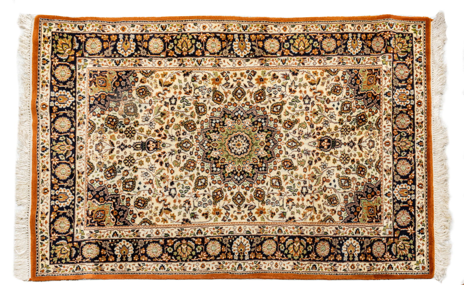 Indo-Isfahan Design Handwoven Wool Rug, Ca. 1980-1990, W 4' L 6': Indo-Isfahan Design Handwoven Wool Rug, Ca. 1980-1990, W 4' L 6' Ivory central field with and indigo outer border. Overall floral designs. Provenance: Property from the collection of Margarat W