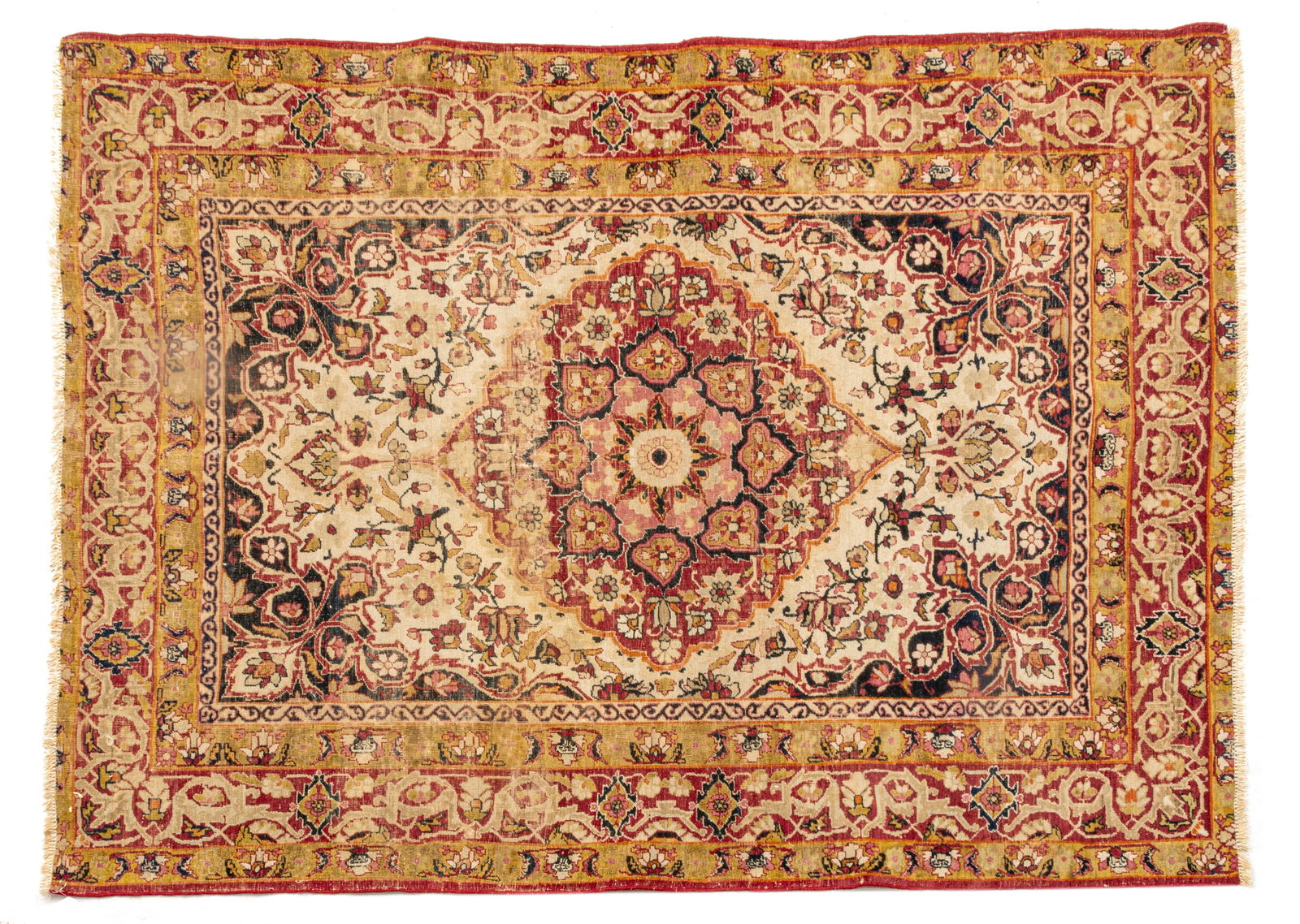 Persian Kerman Handwoven Wool Rug, Ca. 1920, W 5' 3" L 4' 5": Persian Kerman Handwoven Wool Rug, Ca. 1920, W 5' 3" L 4' 5" Closed field comprised of bold geometric and floral design with corners and border having explosive burst of flowers within geometric borde
