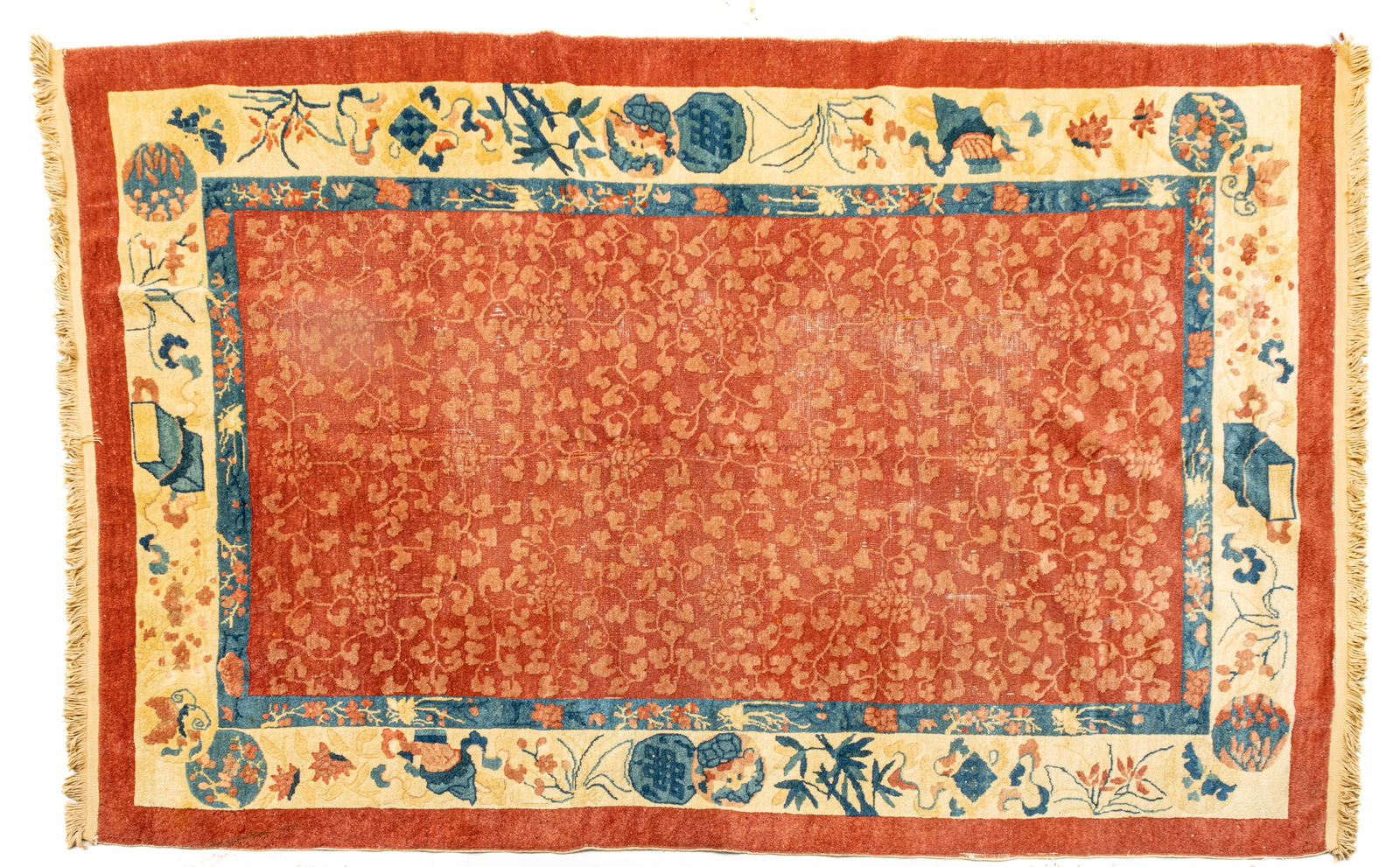 Chinese Art Deco Style Handwoven Wool Rug, Ca. 1920-1930, W 5' L 8': Chinese Art Deco Style Handwoven Wool Rug, Ca. 1920-1930, W 5' L 8' Salmon central field with overall scrolling foliate designs. Outer border with symbols of scholarly pursuits. Provenance