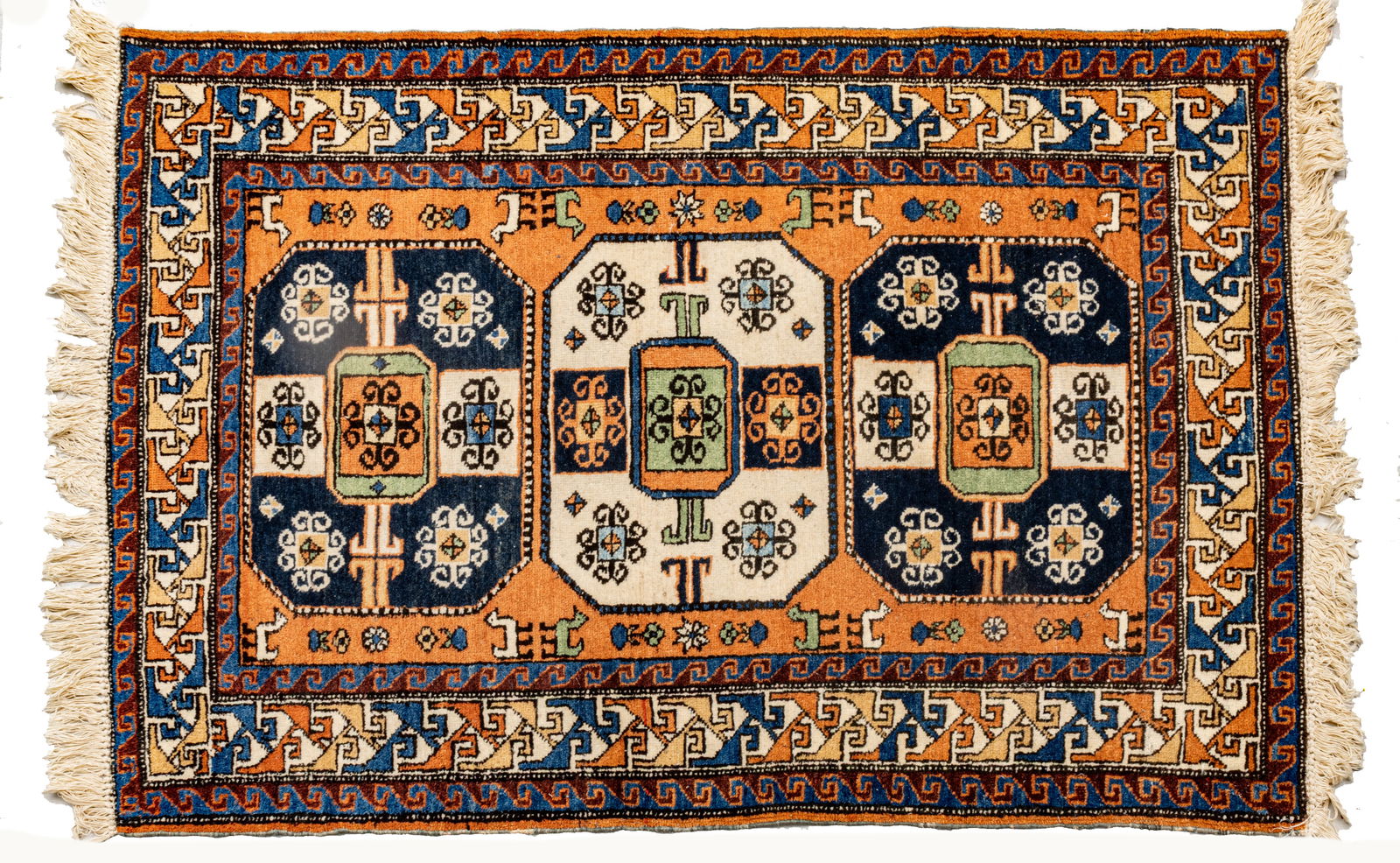 Persian Ardibil Handwoven Wool Rug, 1970, W 3' 8" L 5' 2": Persian Ardibil Handwoven Wool Rug, 1970, W 3' 8" L 5' 2" Three geometric elephant foot medallions on a rust central ground. Provenance: Property from the collection of Margarat Weerakoon, Oak