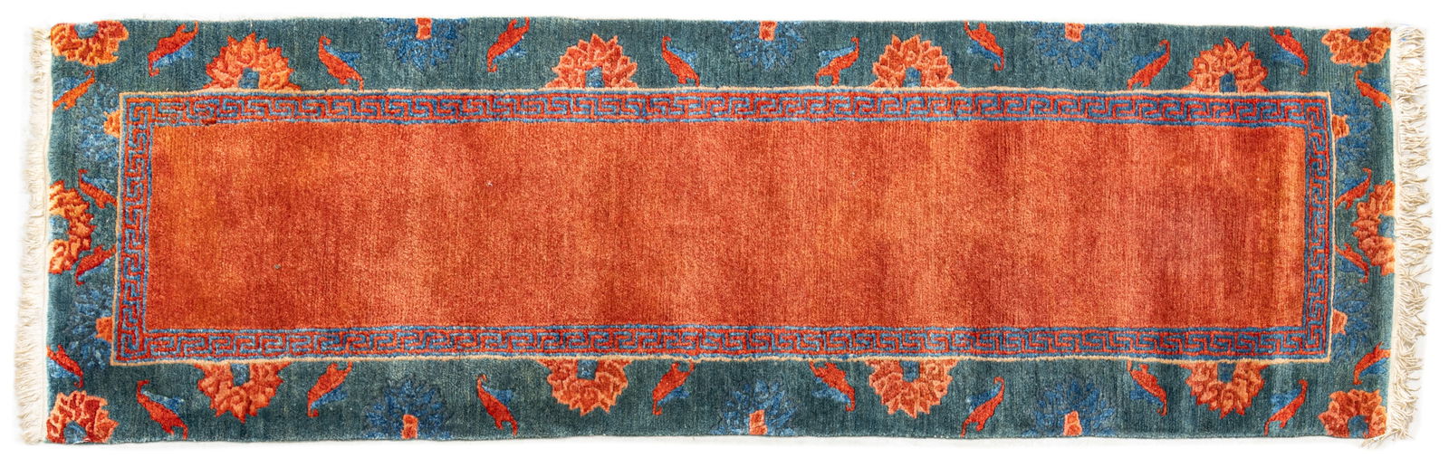 Tibetan Handwoven Wool Runner, Ca. 1990, W 2' 6" L 8': Tibetan Handwoven Wool Runner, Ca. 1990, W 2' 6" L 8' Rust ground with Greek key interior border. Blue outer border with floral accents. Provenance: Property from the collection of Margarat Wee