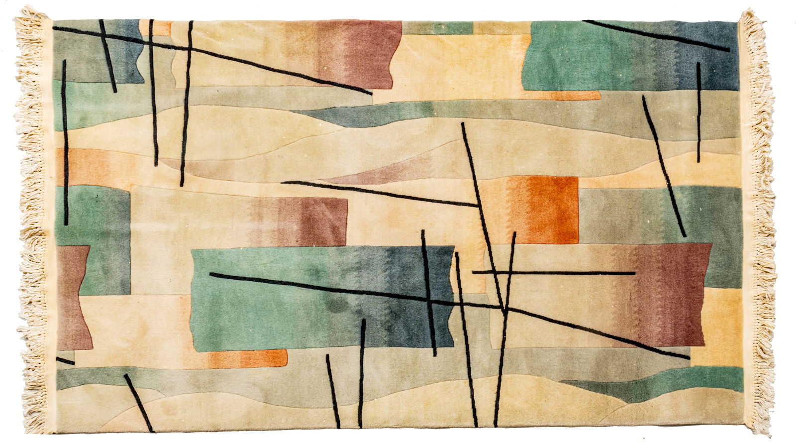 Chinese Mid-Century Modern Style Wool Rug, Ca. 1990, W 3' 9" L 6' 1": Chinese Mid-Century Modern Style Wool Rug, Ca. 1990, W 3' 9" L 6' 1" Geometric patterns on a beige field. Provenance: Property from the collection of Margarat Weerakoon, Oak Park, MI Dimensions: W 3'