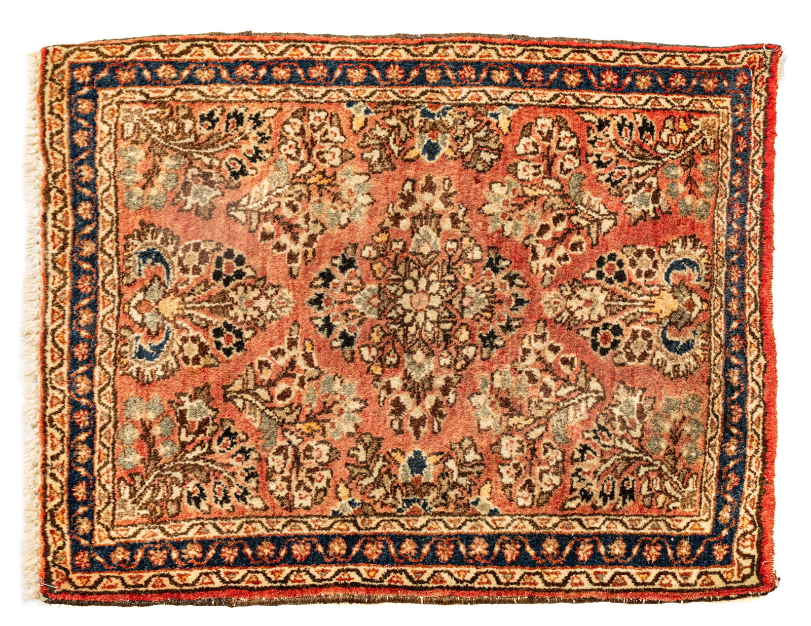 Persian Sarouk Handwoven Wool Mat, Ca. 1940, H 2' 6" W 2' 1": Persian Sarouk Handwoven Wool Mat, Ca. 1940, H 2' 6" W 2' 1" Red ground with center floral medallion surrounded by floral sprays. Provenance: Property from the collection of Margarat Weerakoon, Oak P
