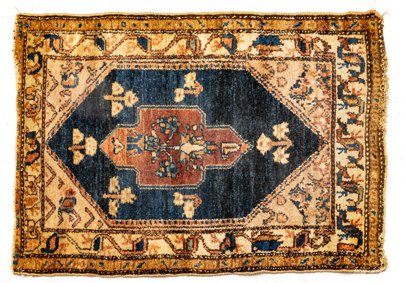Persian Hamadan Handwoven Wool Mat, Ca. 1920, H 3' 2" W 2' 4": Persian Hamadan Handwoven Wool Mat, Ca. 1920, H 3' 2" W 2' 4" Deep blue ground with center floral medallion in a prayer rug design with floral cccents. Provenance: Property from the collection