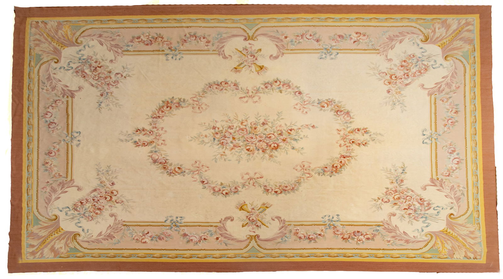 Chinese Aubusson Style Hand Knotted Room-Size Rug, W 12' 1" L 18': Chinese Aubusson Style Hand Knotted Room-Size Rug, W 12' 1" L 18' Flat woven wool in an Aubusson design. Beige central field with a central rose bouquet medallion surrounded by rose garlands and ribbo