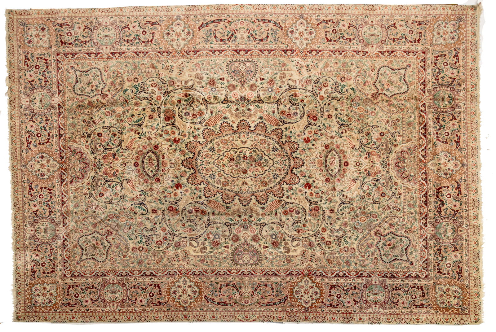 Hand Knotted Kashan Rug H 11' 7" W 8' 7": Hand Knotted Kashan Rug H 11' 7" W 8' 7" Having a beige field with central medallion, surrounded by intricate swirling vines, arabesques, and floral motifs. Provenance: Property from Franklin, M