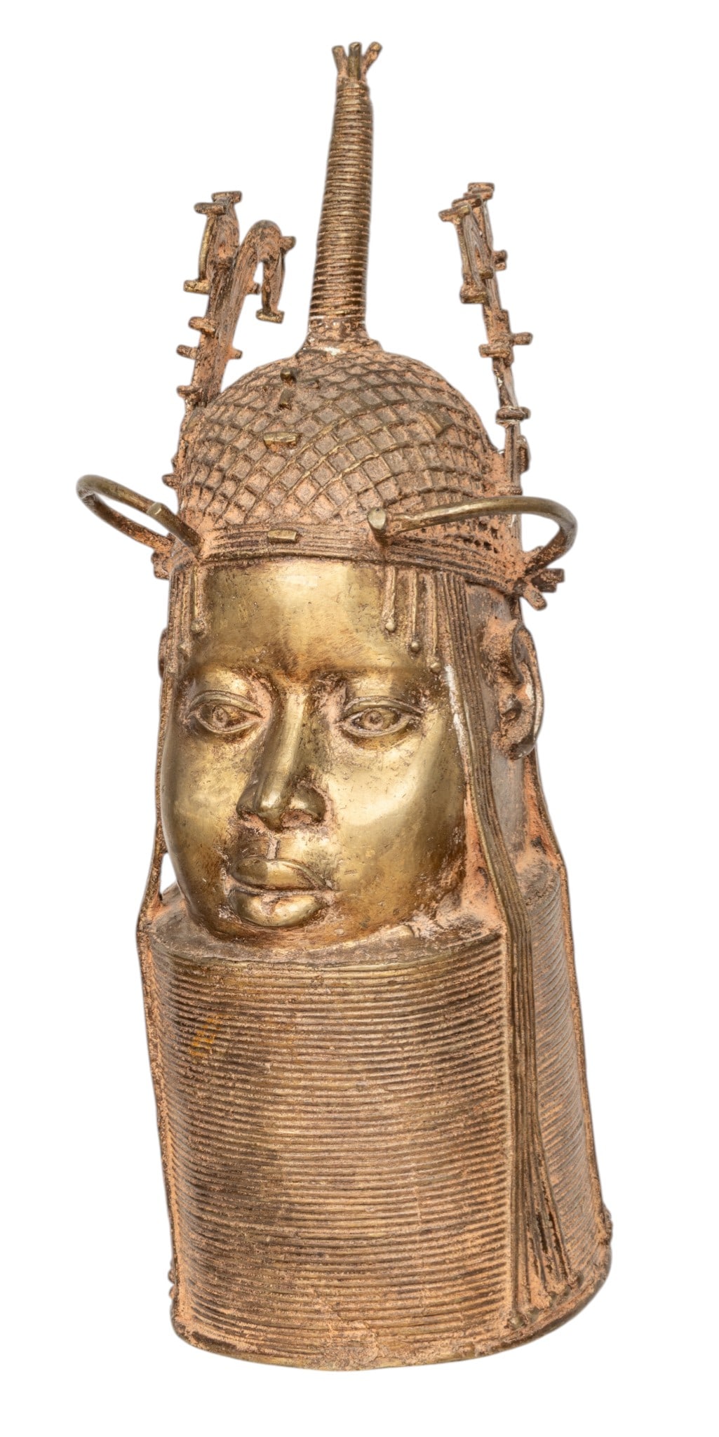 Kingdom of Benin Bronze Early 20th C., 'Lyoba, Queen Mother', H 25" Dia. 10": Kingdom of Benin Bronze Early 20th C., 'Lyoba, Queen Mother', H 25" Dia. 10" Lost wax casting with gold patina. Having 48 stacked rows of rings adorn neck collar. Having a beehive design hairstyle wit