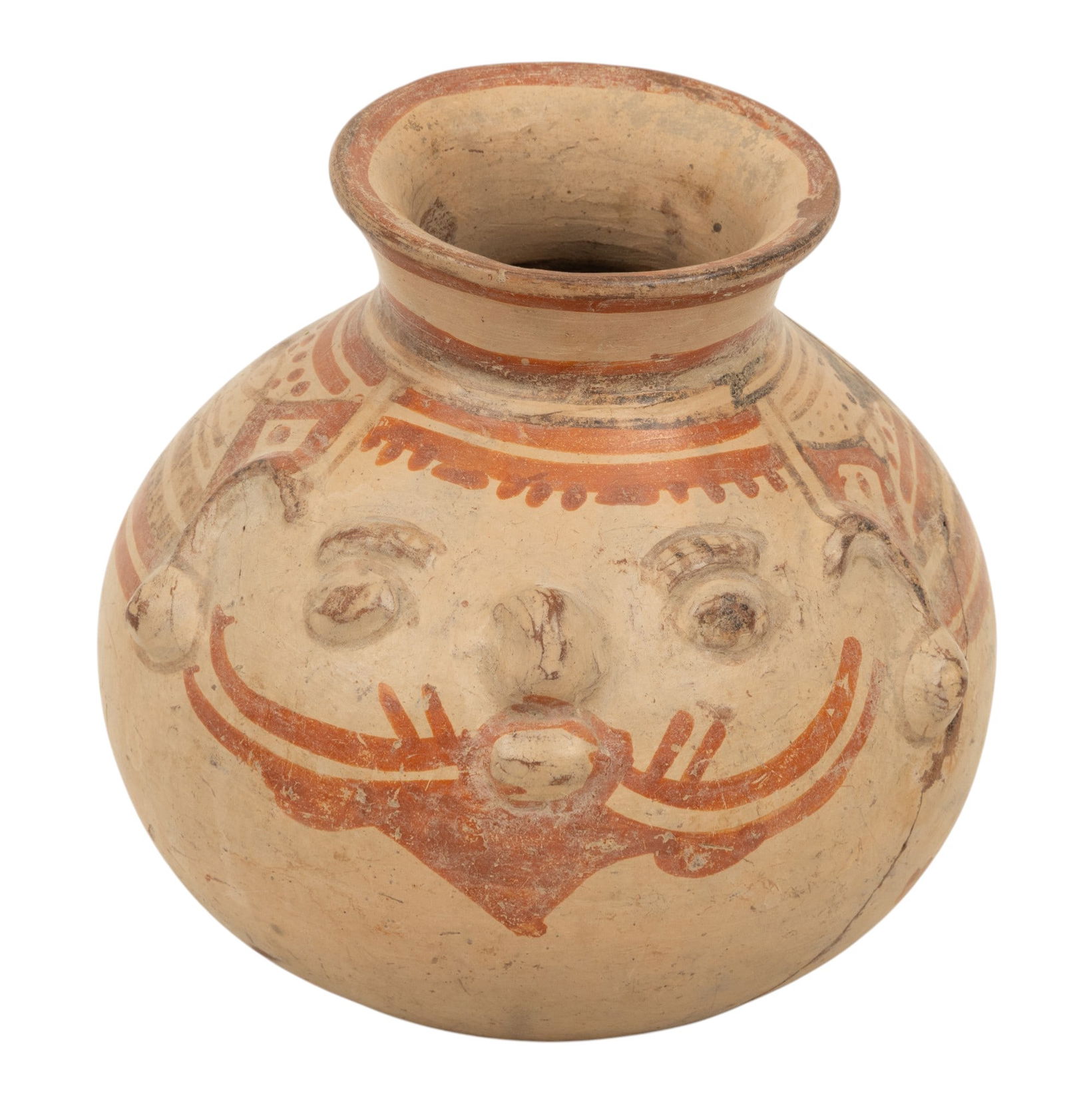 Nicoya (Costa Rica) Pre-Columbian Terra Cotta Effigy Vessel H 7" Dia. 8": Nicoya (Costa Rica) Pre-Columbian Terra Cotta Effigy Vessel H 7" Dia. 8" Nicoya region, narrow neck, face design on cream with black and red. Provenance: Purchased from the Estate collection of