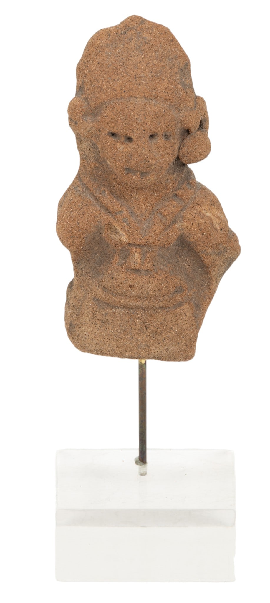 Pre-Columbian Style Carved Stone Sculpture H 4" W 2" Depth 1": Pre-Columbian Style Carved Stone Sculpture H 4" W 2" Depth 1" Carved stone sculpture mounted on modern acrylic and metal stand. Provenance: Property of a Troy, MI private collector Dimensions: H 4" W