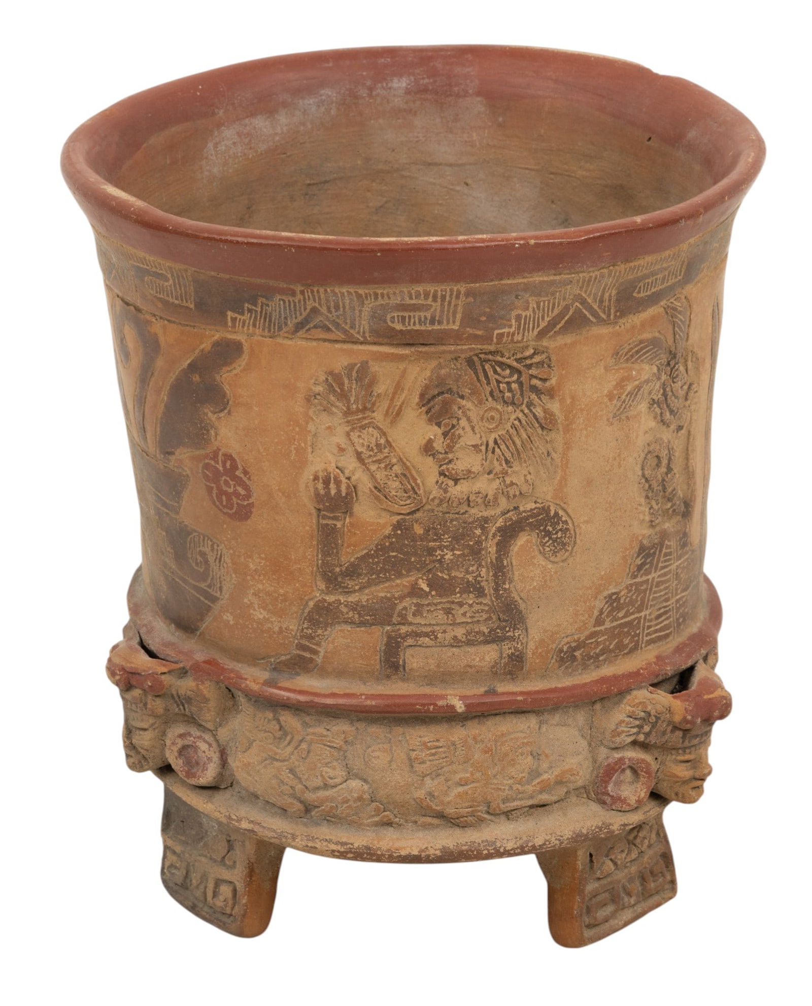 Maya Style Terra Cotta Tripod Figural Vessel: Maya Style Terra Cotta Tripod Figural Vessel Footed vessel depicting a figural mythological scene. Provenance: Purchased from the Estate collection of Edward Black. A prominent Ferndale, MI pri