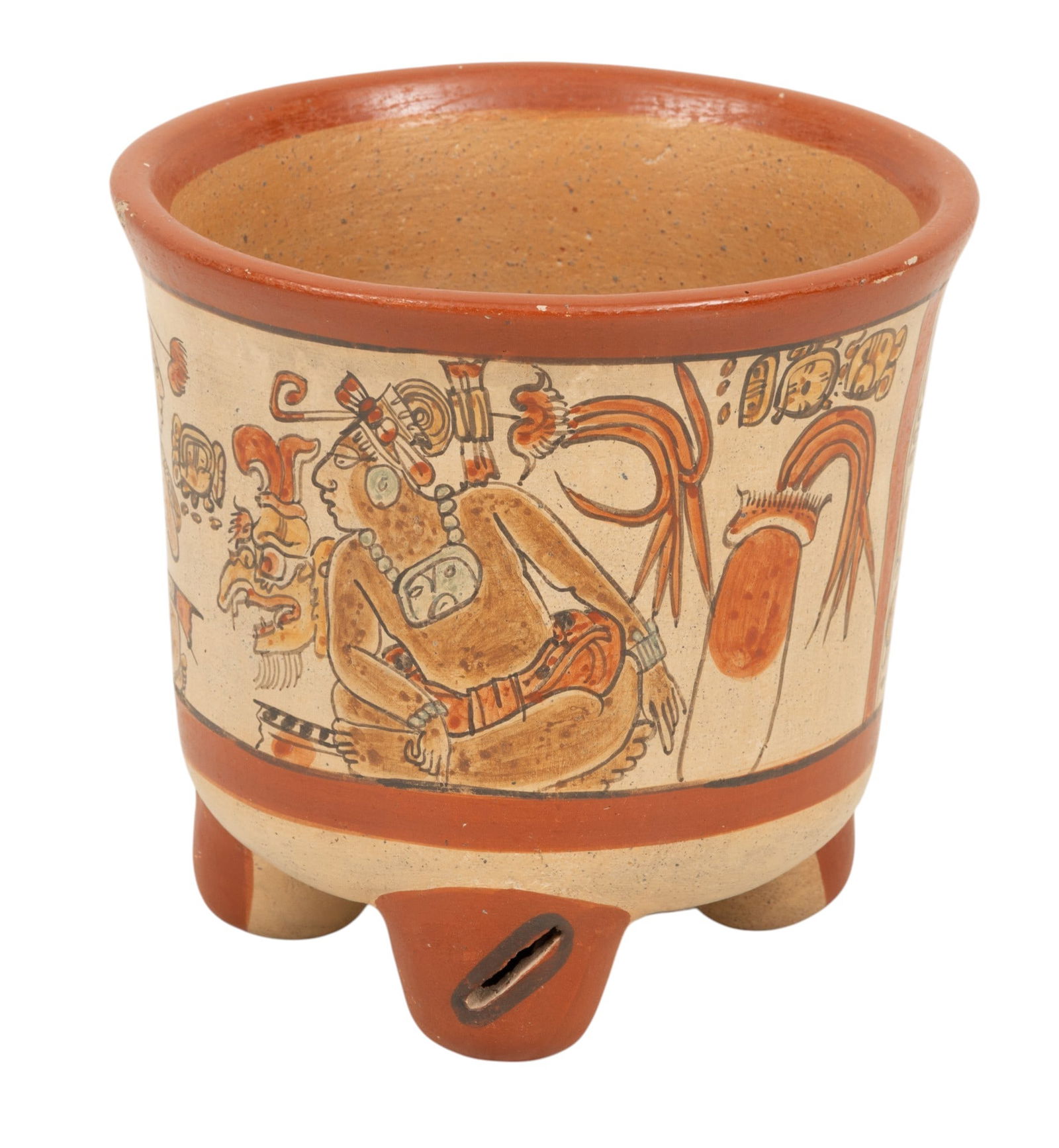Maya Style Terra Cotta Tripod Figural Painted Vessel: Maya Style Terra Cotta Tripod Figural Painted Vessel Tripod vase with hand painted figural scene. Provenance: Purchased from the Estate collection of Edward Black. A prominent Ferndale, MI priv