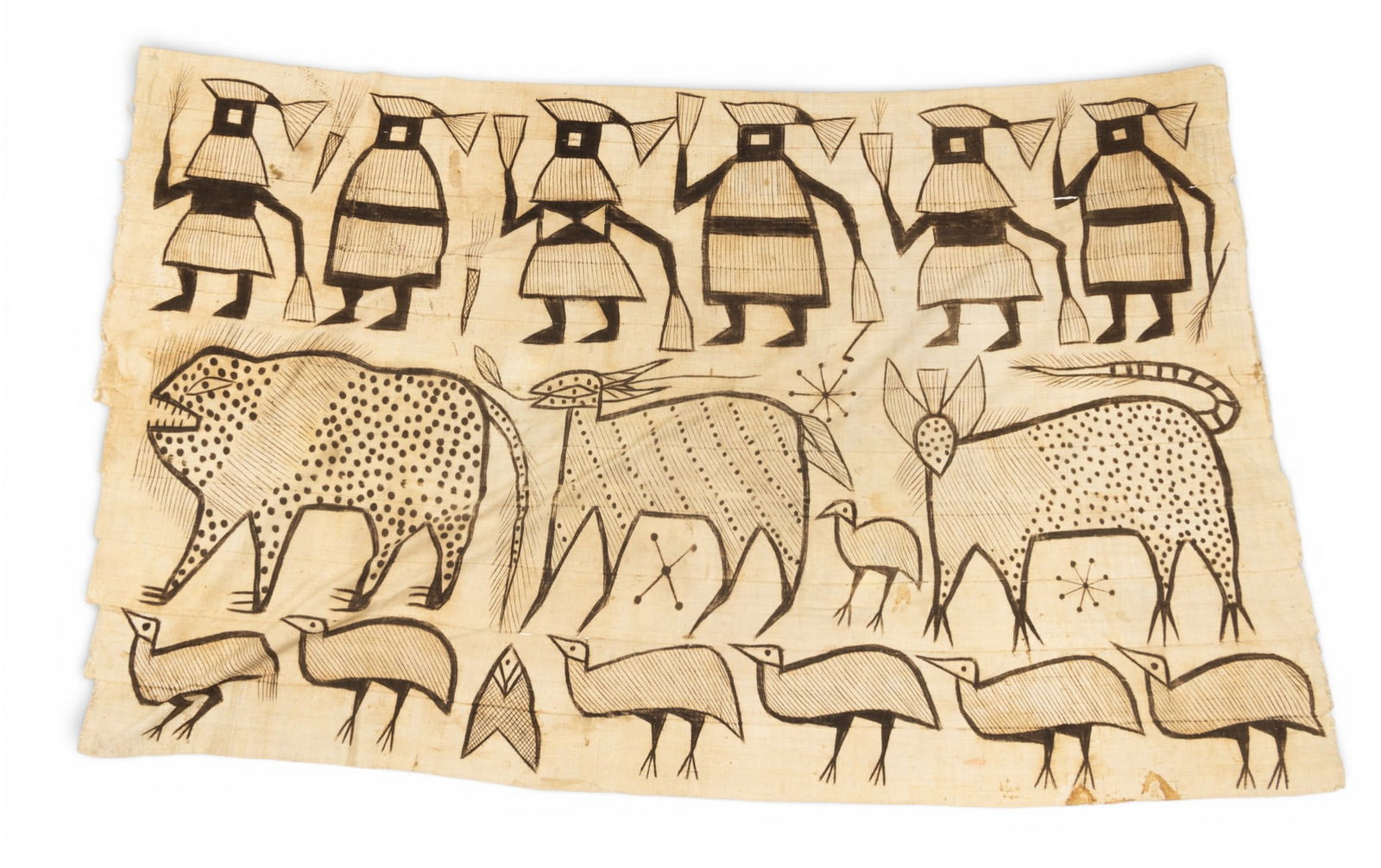 Senufo (Ivory Coast) Korhogo Linen Hand Decorated Mud Cloth H 50" W 76": Senufo (Ivory Coast) Korhogo Linen Hand Decorated Mud Cloth H 50" W 76" Decorated in black pigments representing large animals and birds. Edges are not finished. Dimensions: H 50" W 76"