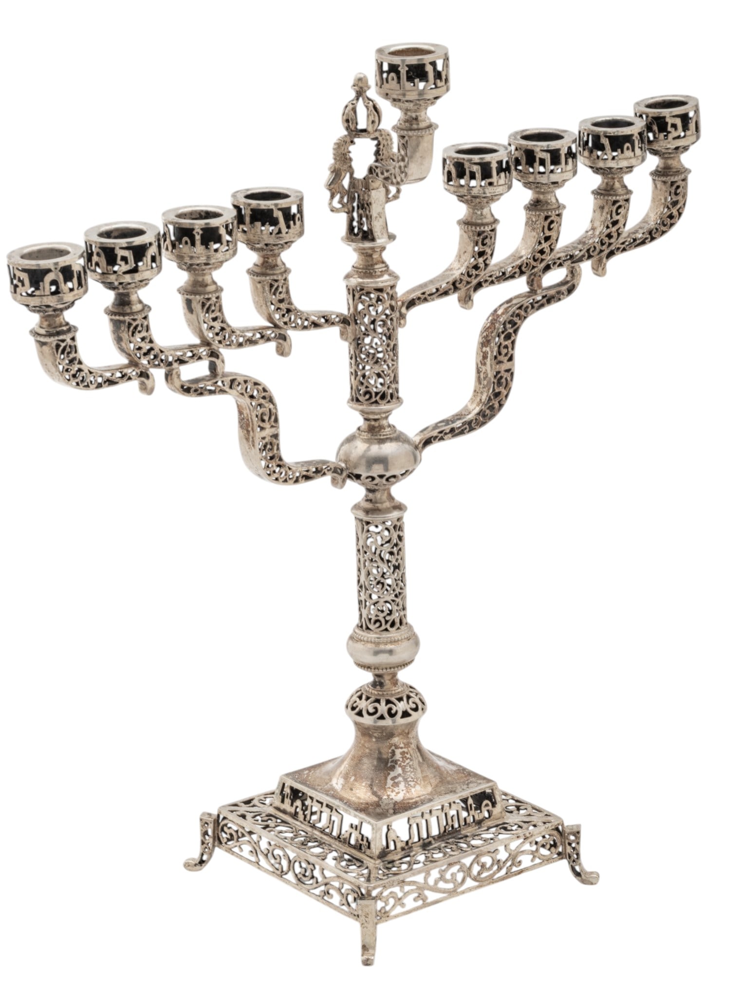 Sterling Silver Menorah H 16" W 15" Depth 5" 33 t oz 1 PC: Sterling Silver Menorah H 16" W 15" Depth 5" 33 t oz 1 PC Impressed 925 and Israel on the underside. Features eight branches for the nightly candles or oil lamps of Hanukkah, plus a ninth branch