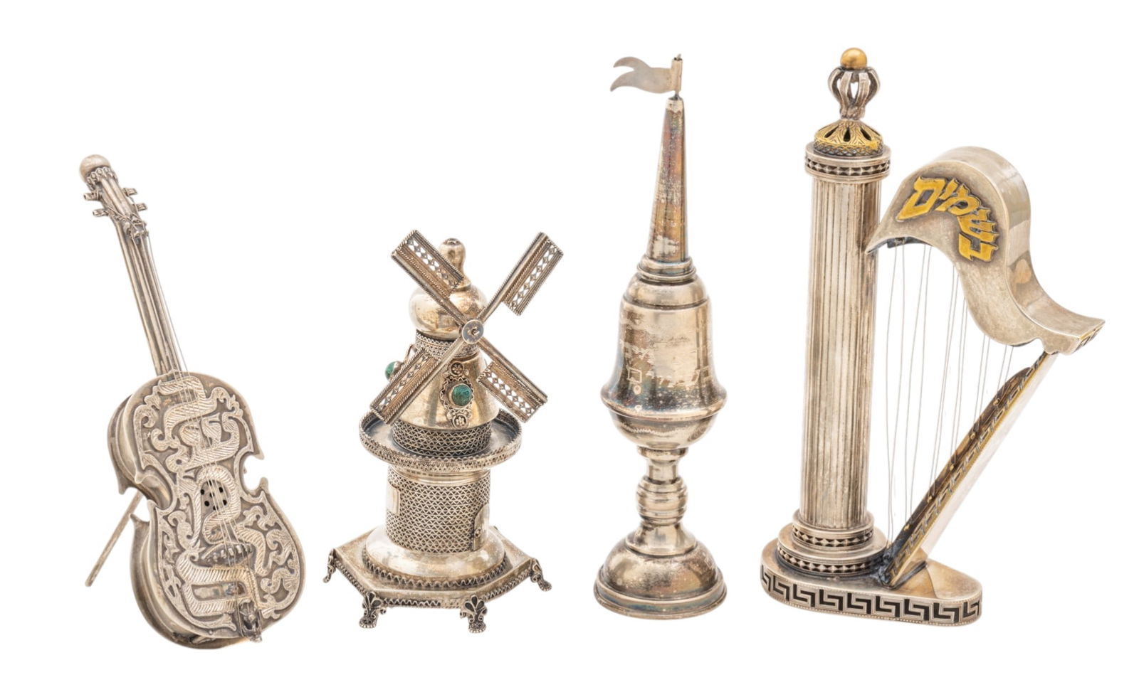 Sterling Silver Spice Containers Including by Netafim H 8" 4 PCS: Sterling Silver Spice Containers Including by Netafim H 8" 4 PCS Sterling harp form spice container H 8" x 4" hand made by Netafim, Jerusalem. weighs 9.2Toz. Sterling 8" spice container with fla