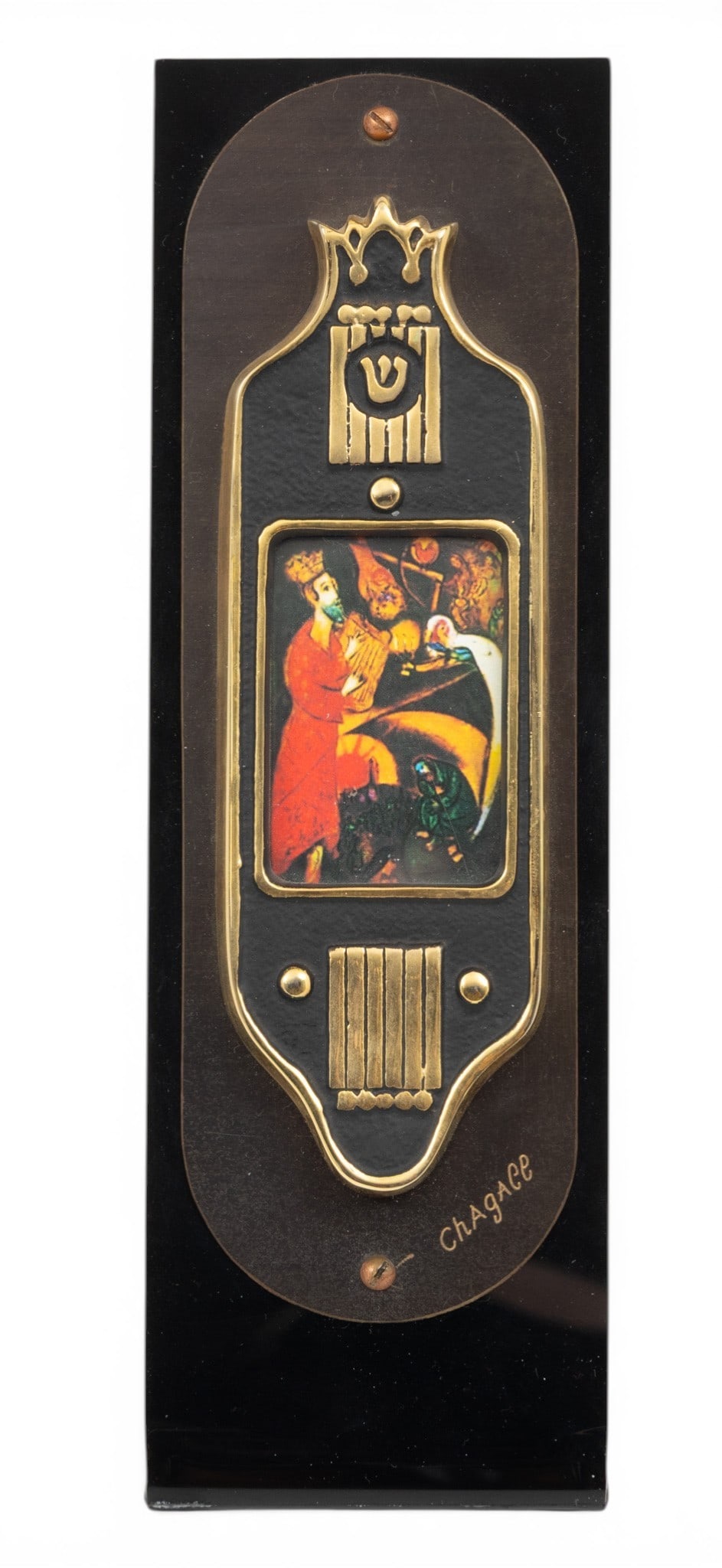 Marc Chagall (French/Russian, 1887-1985) Judaica Mezuzah Print on Black Plastic Stand H 6" W 2.5" 1: Marc Chagall (French/Russian, 1887-1985) Judaica Mezuzah Print on Black Plastic Stand H 6" W 2.5" 1 PC Print miniature of a work after Marc Chagall mounted on black plastic 8 3/4". 12 tribes of Israel