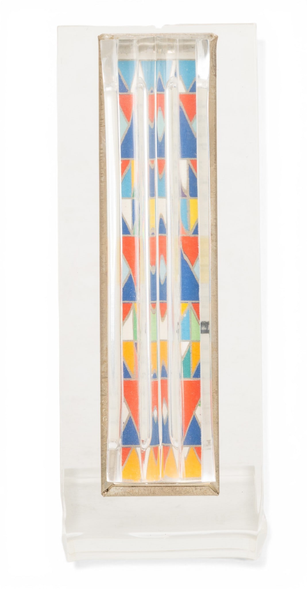 Yaacov Agam (Israeli, B. 1928) Judaica Sterling Silver Mezuzah H 5.25" W 1.2" 1 PC: Yaacov Agam (Israeli, B. 1928) Judaica Sterling Silver Mezuzah H 5.25" W 1.2" 1 PC Serigraph on Perspex. Marked on the underside Arta Gallery, Sterling Silver, Made in Israel. Signed at edge. Mo