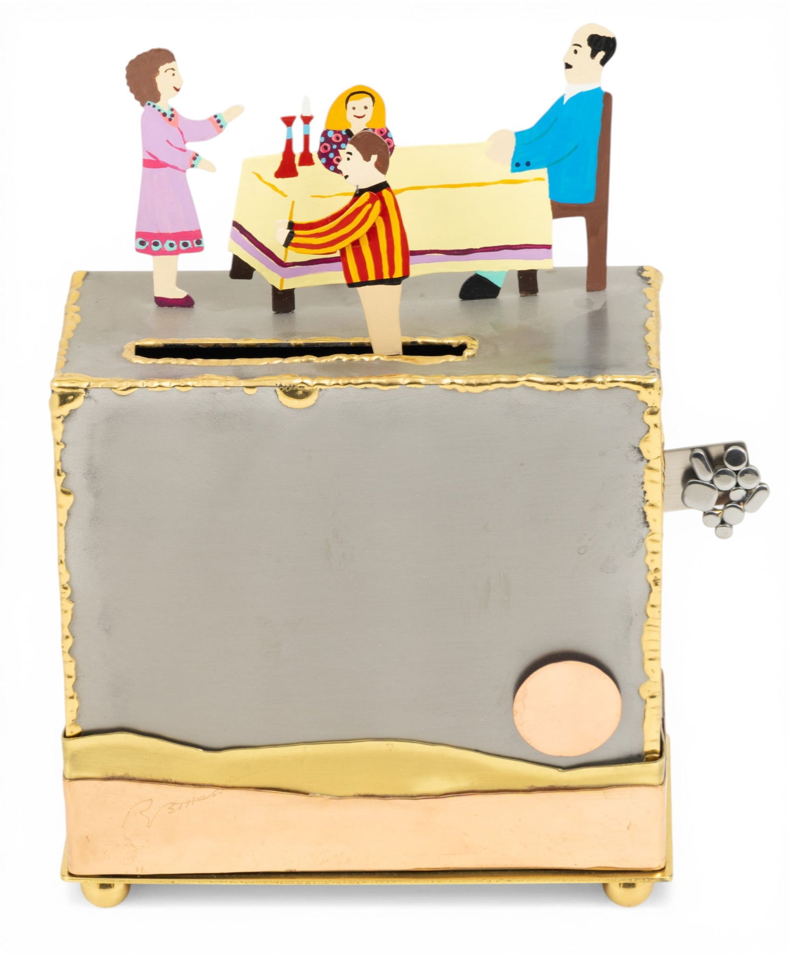 Judaica Tzedakah Metal Charity Box H 8.5" W 6" Depth 2.7" 1 PC: Judaica Tzedakah Metal Charity Box H 8.5" W 6" Depth 2.7" 1 PC Used daily before Shabbat to save money for the poor. Family scene decorates top of box. Provenance: Property of a Troy, MI privat