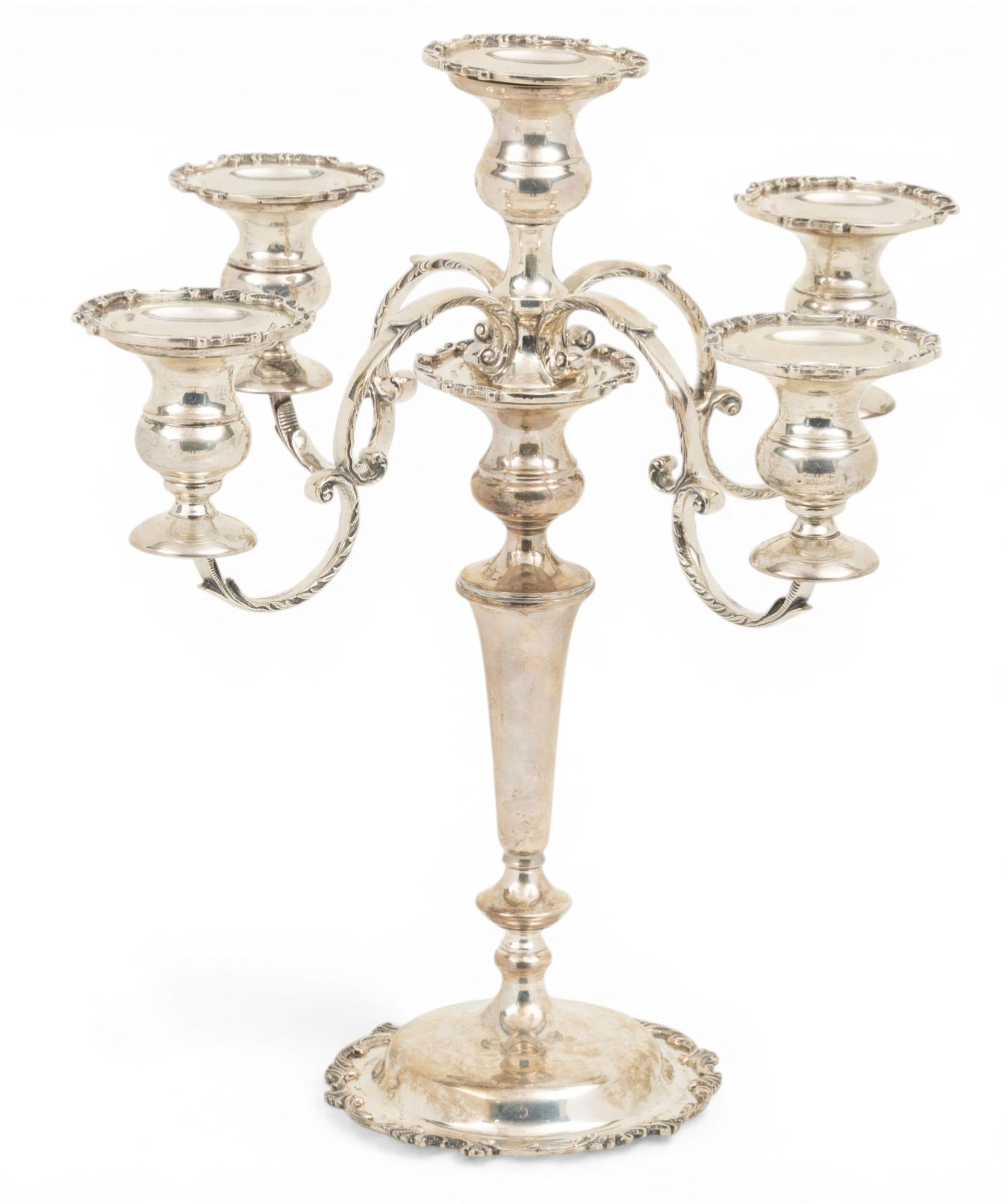 Dunbar Sterling Silver 5 Light Candelabrum in Two Parts H 15" Dia. 14" 44.8 t oz: Dunbar Sterling Silver 5 Light Candelabrum in Two Parts H 15" Dia. 14" 44.8 t oz Candlestick base, In two parts. Loose bobeches or candle drip pans. Convertible from a single candlestick to a 5 light