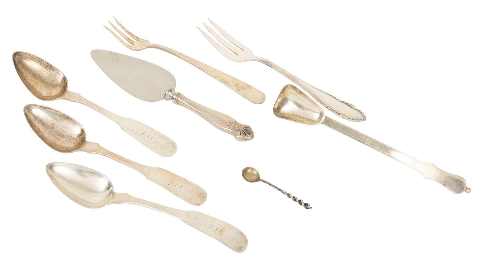 Coin Silver Teaspoons (3), Jensen Spoon, Kirk Fork 4.5 t oz 7 PCS: Coin Silver Teaspoons (3), Jensen Spoon, Kirk Fork 4.5 t oz 7 PCS 800 WMF pickle fork. Jensen USA sterling condiment spoon, S. Kirk sterling condiment fork, 3 coin silver teaspoons, sterling salt spoo