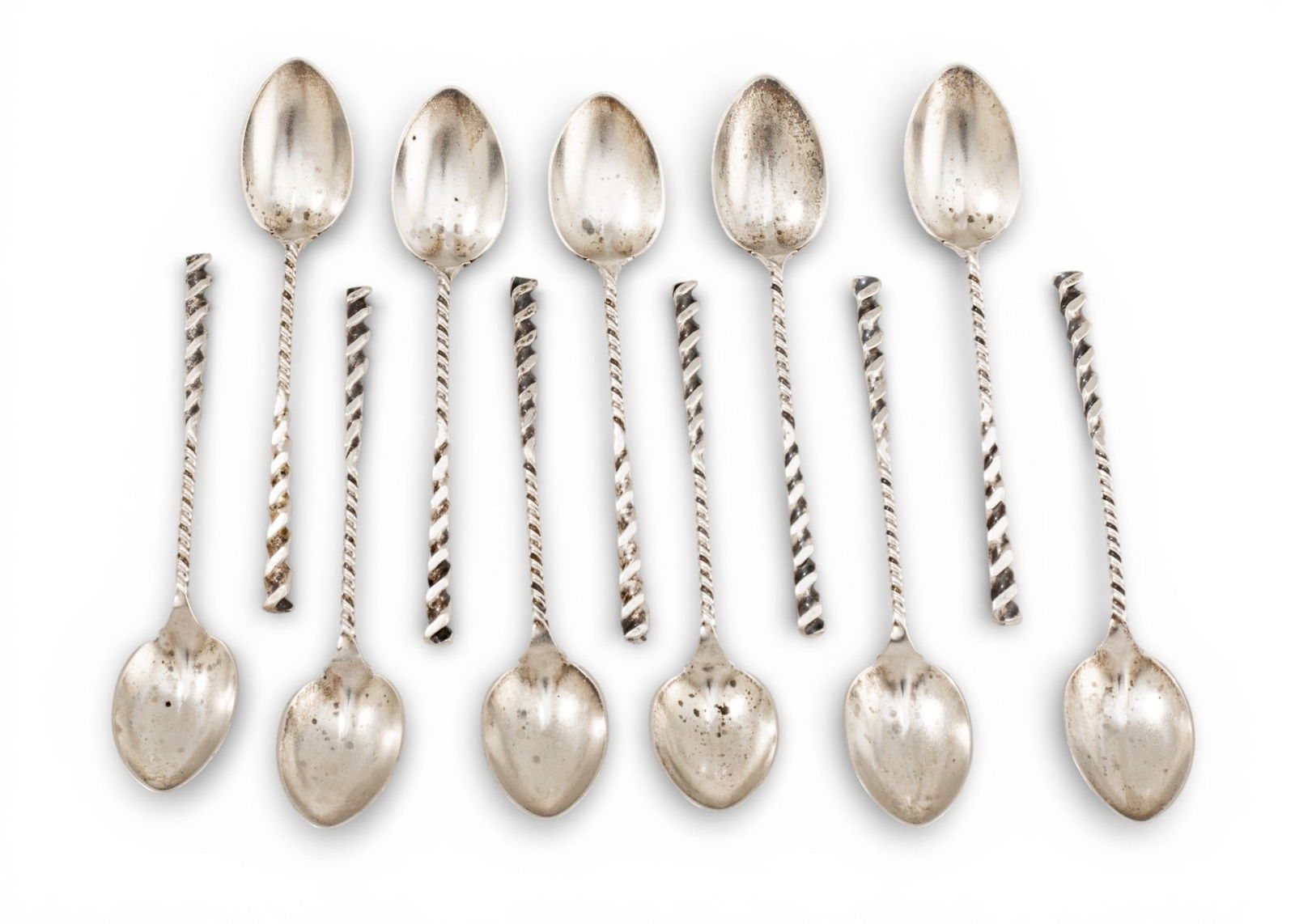 Whiting Div of Gorham Sterling Silver Demi Tasse Spoons 1920, L 4" 2.63 t oz 11 PCS: Whiting Div of Gorham Sterling Silver Demi Tasse Spoons 1920, L 4" 2.63 t oz 11 PCS Spiral pattern. w Provenance: Property of a Prominent Grosse Pointe, MI Collector Dimensions: L 4" 2.63 t oz 11 PCS