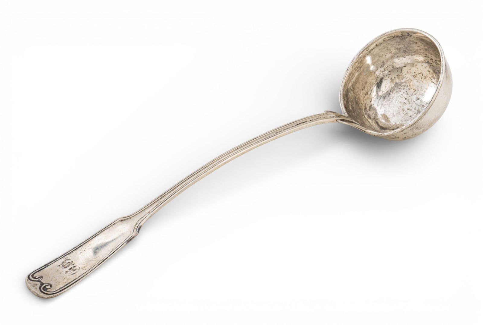 Berlin Silver Soup Ladle 19th.c., L 14.5" 6.84 t oz: Berlin Silver Soup Ladle 19th.c., L 14.5" 6.84 t oz Hallmark of a bear on hind legs and "M" assayer's mark. Also possibly "15" partially rubbed for 937 silver. G S. Period monogram. Extra long. Proven