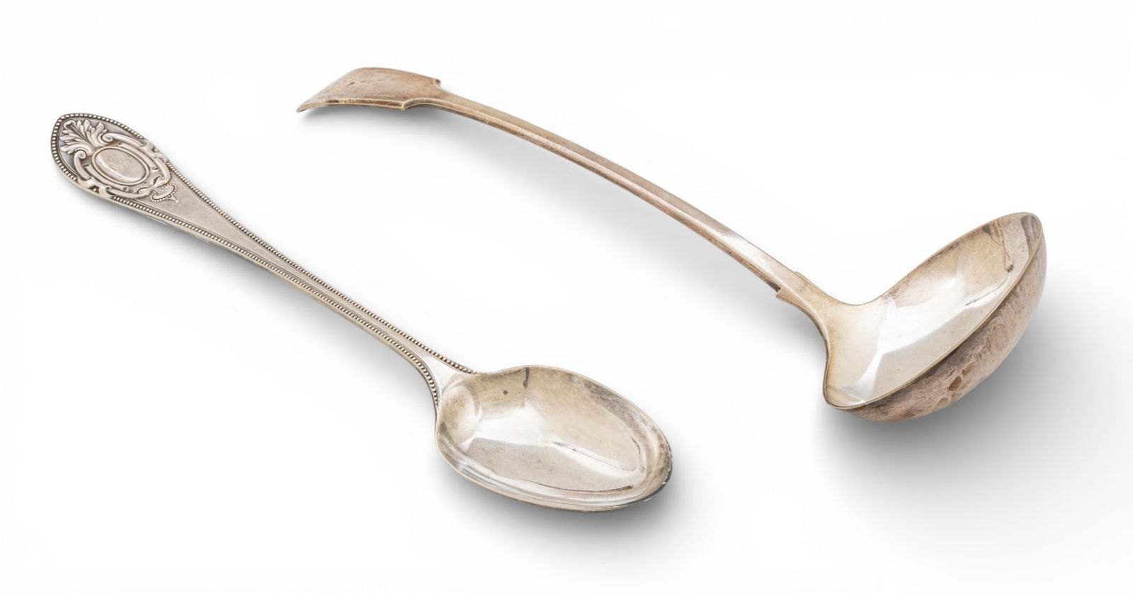 Sheffield Silver Plate Vintage Stuffing Spoon & Soup Ladle 19th.c., L 13" 2 PCS: Sheffield Silver Plate Vintage Stuffing Spoon & Soup Ladle 19th.c., L 13" 2 PCS English Sheffield plate stuffing spoon in handsome pattern with beaded edge by D & S. Also C & D electroplate so