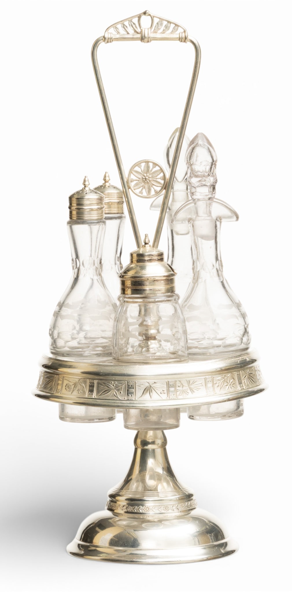 Pairpoint (American) 5 Bottle Quadruple Plate Cruet Castor Revolving Set 1880, H 16.5" Dia. 7" 2: Pairpoint (American) 5 Bottle Quadruple Plate Cruet Castor Revolving Set 1880, H 16.5" Dia. 7" 2 SETS Victorian silver plate revolving condiment set with 5 bottles H 17" Dia 7", 19th.c. circa 1880. #