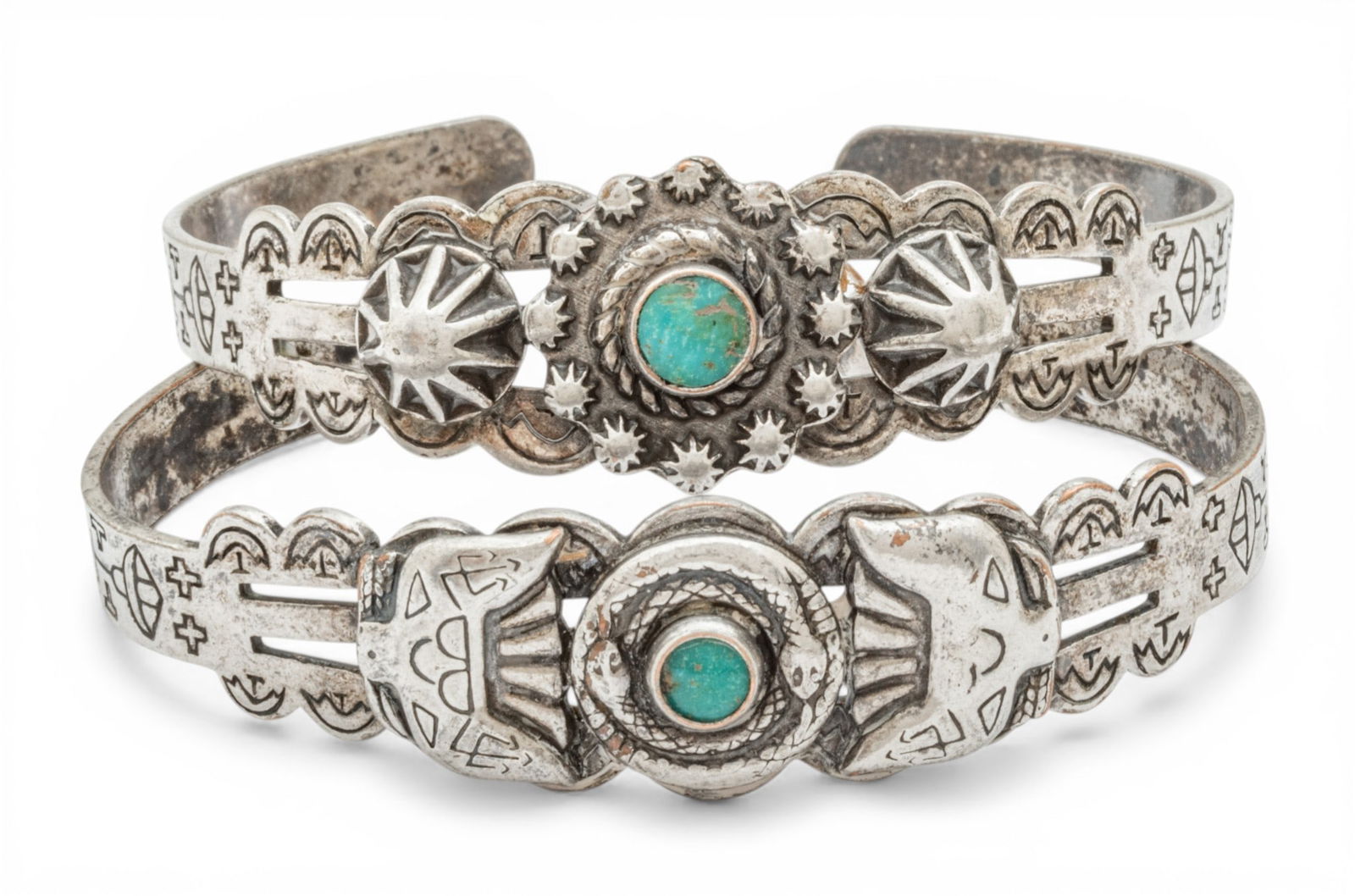 Navajo Silver and Turquoise Cuff Bracelets 1950, W 2.2" 26 g 2 PCS (1 of 7)