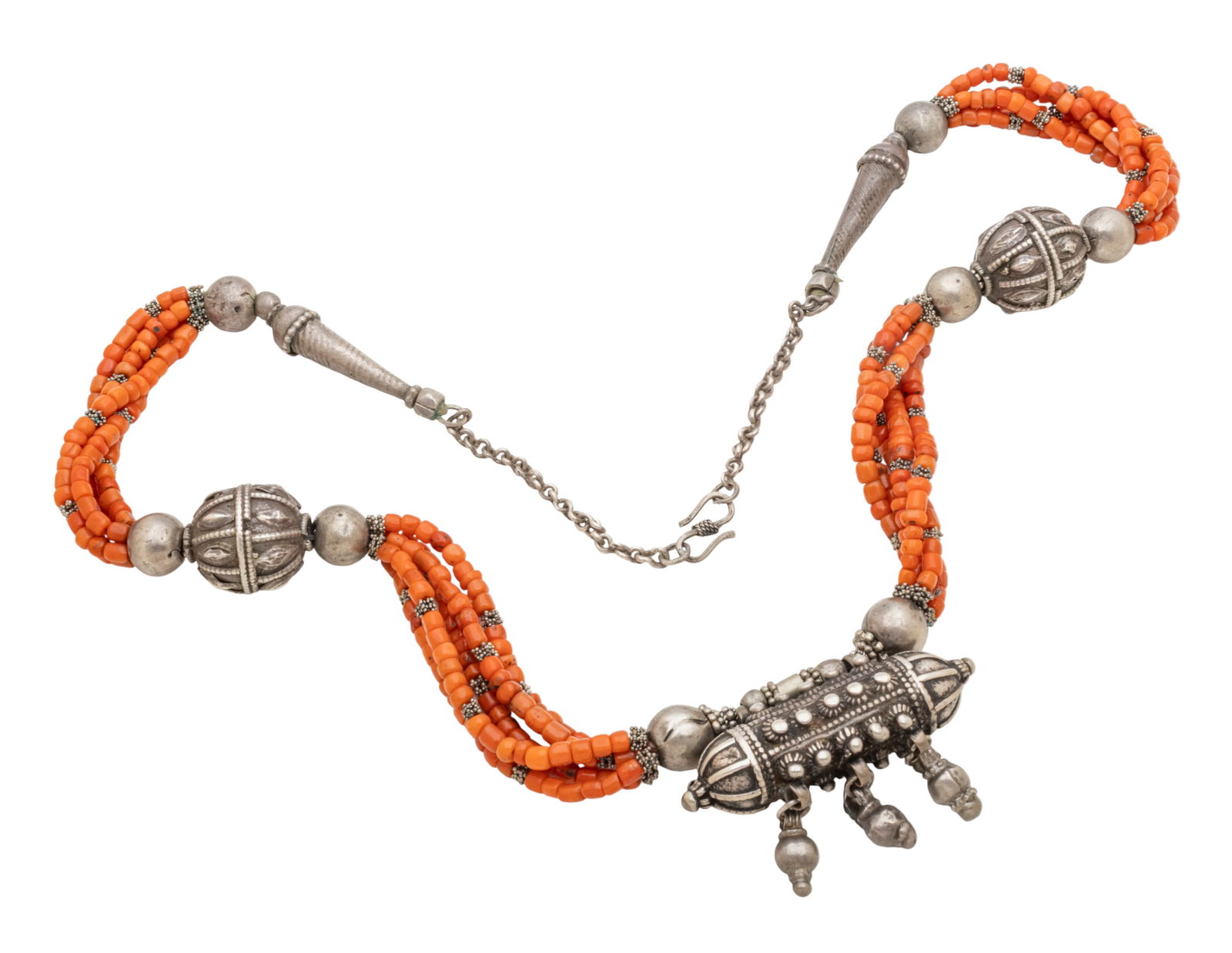 Yemeni Necklace, Coral Beads, Silver Pendant L 24" 120 g 1 PC: Yemeni Necklace, Coral Beads, Silver Pendant L 24" 120 g 1 PC Central pendant is an amulet box (hirz), sometimes called a prayer box. Provenance: Property from a Bloomfield Hills, MI private co