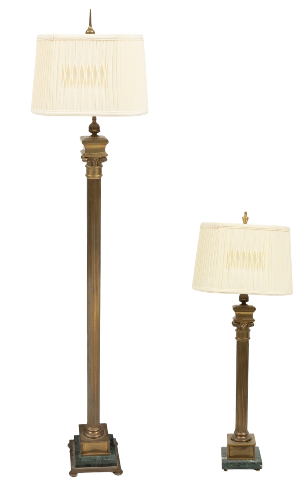 Chapman Manufacturing Company (Avon, MA) Empire Style Brass and Marble Floor and Table Lamp, 1984, 2: Chapman Manufacturing Company (Avon, MA) Empire Style Brass and Marble Floor and Table Lamp, 1984, 2 PCS Matching floor and table lamps from the Chapman Manufacturing Company. Both having green m
