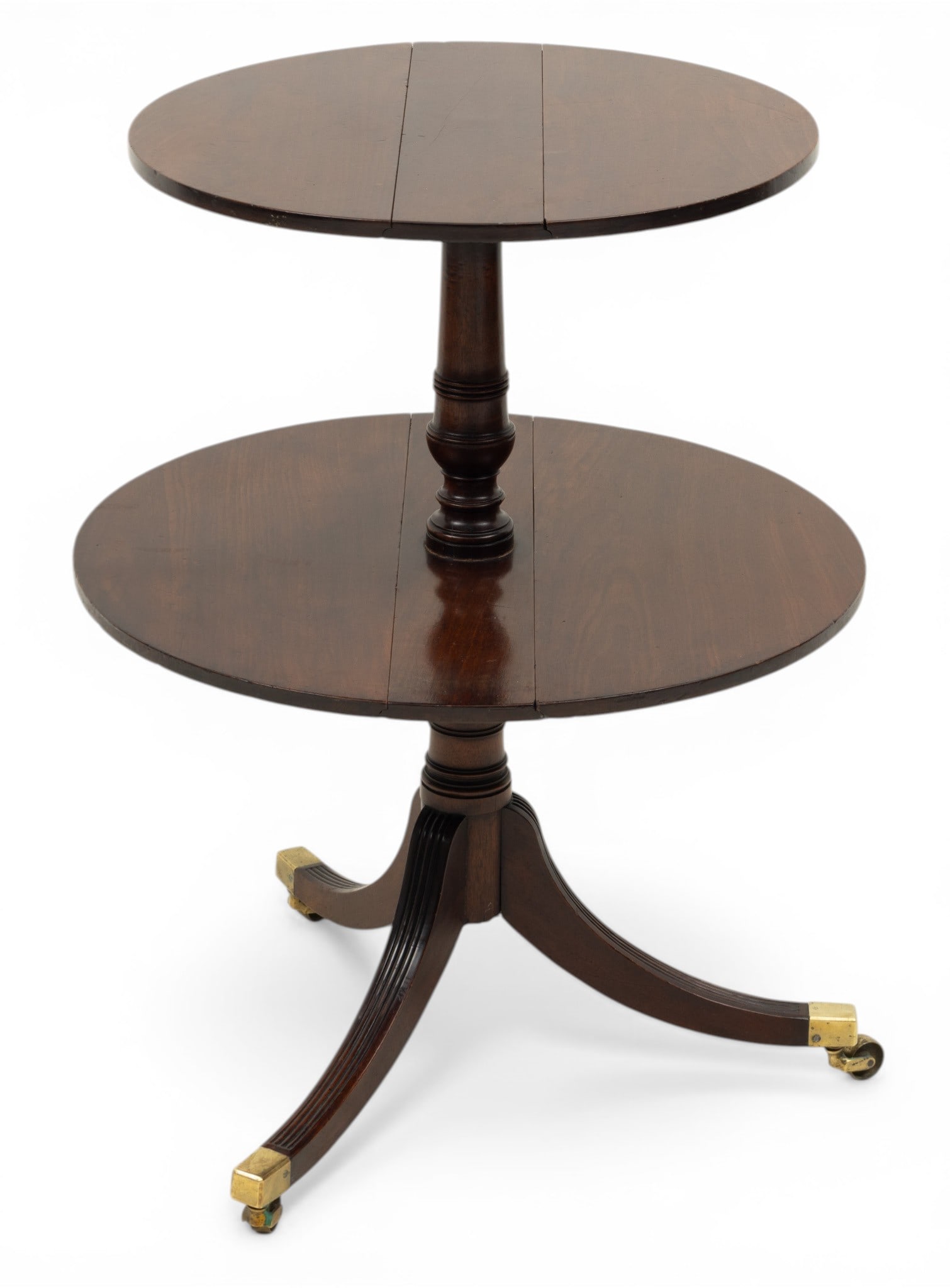 English Regency Style Mahogany Dumb Waiter Table 19th C., H 32" W 24" L 24": English Regency Style Mahogany Dumb Waiter Table 19th C., H 32" W 24" L 24" Two-tier dumb waiter table featuring a central turned support and drop-leaf shelves for storage. Having reeded saber legs wi