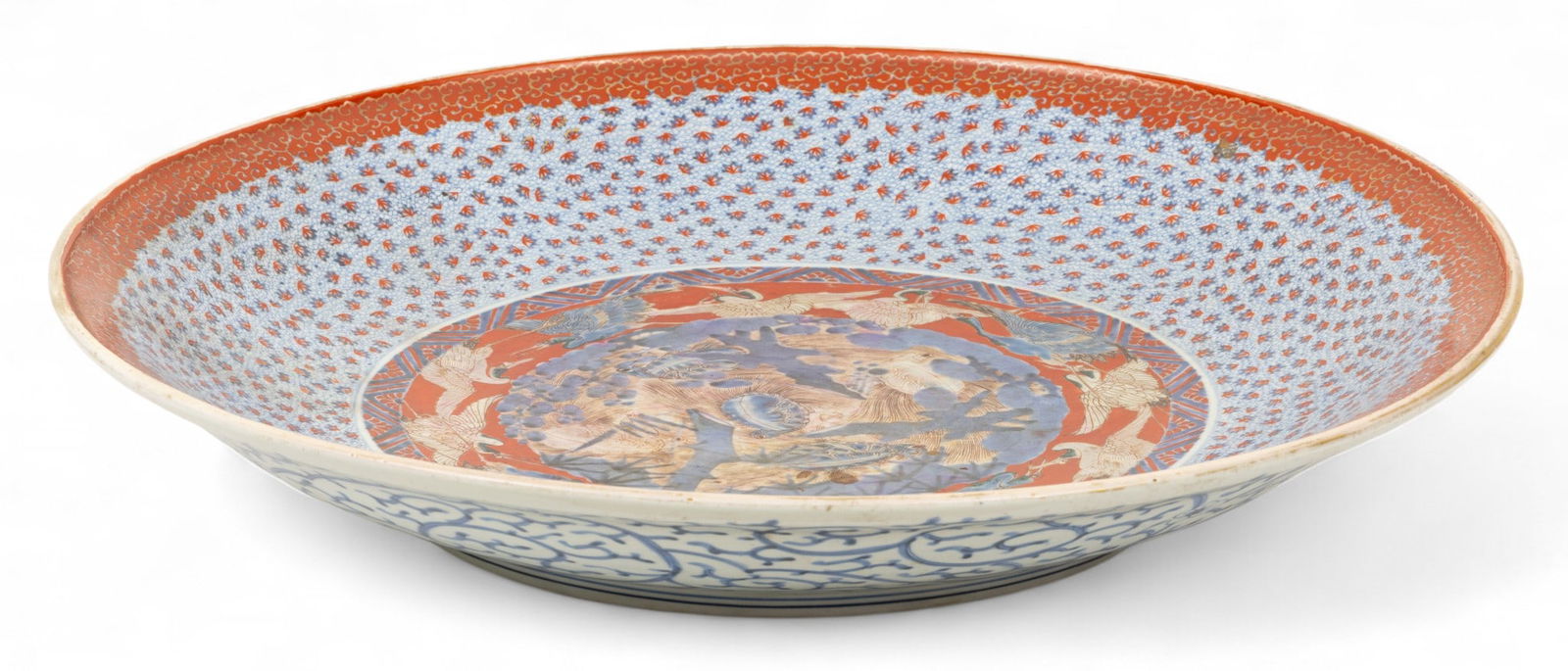 Japanese Imari Porcelain Charger, 20th C., Depth 4.25" Dia. 24": Japanese Imari Porcelain Charger, 20th C., Depth 4.25" Dia. 24" Central decoration of Minogame among aquatic plants. Surrounded by a band with cranes in flight on a red field. Outer decorations of map