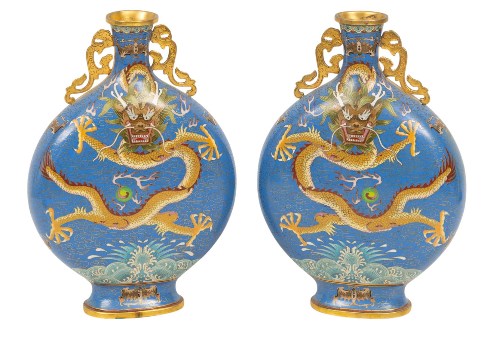 Chinese Cloisonne Moon Vases 20th C., H 12.5" W 9" Depth 3": Chinese Cloisonne Moon Vases 20th C., H 12.5" W 9" Depth 3" A fine quality matched pair of moon flask vases with finely done scenes of five toed dragons on one side and phoenix birds on the opposing s