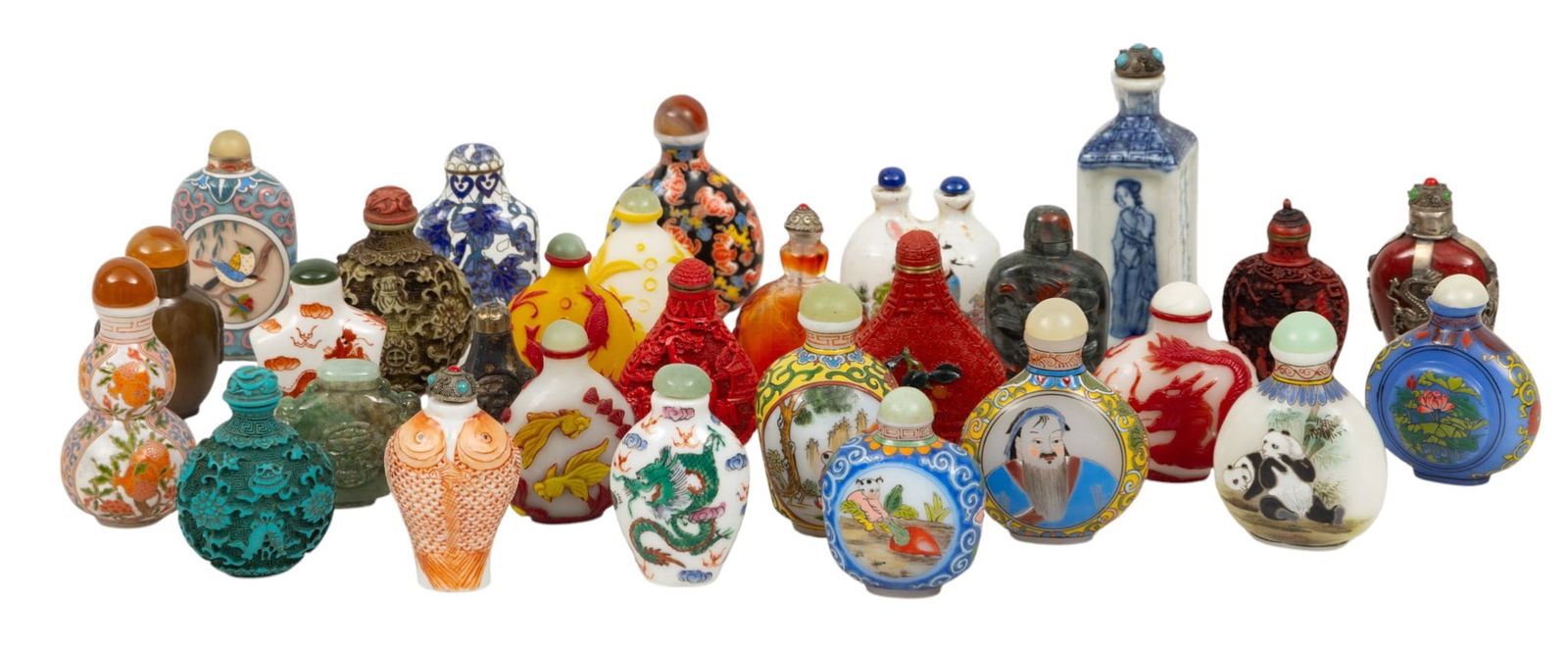 Collection of Chinese Snuff Bottles, Ca. 20th C., 29 PCS: Collection of Chinese Snuff Bottles, Ca. 20th C., 29 PCS Heights ranging from 1.75" to 4.25". Widths ranging from 1" to 2.25". Twentynine snuff bottles, cinnabar, porcelain and Peking glass. Pro